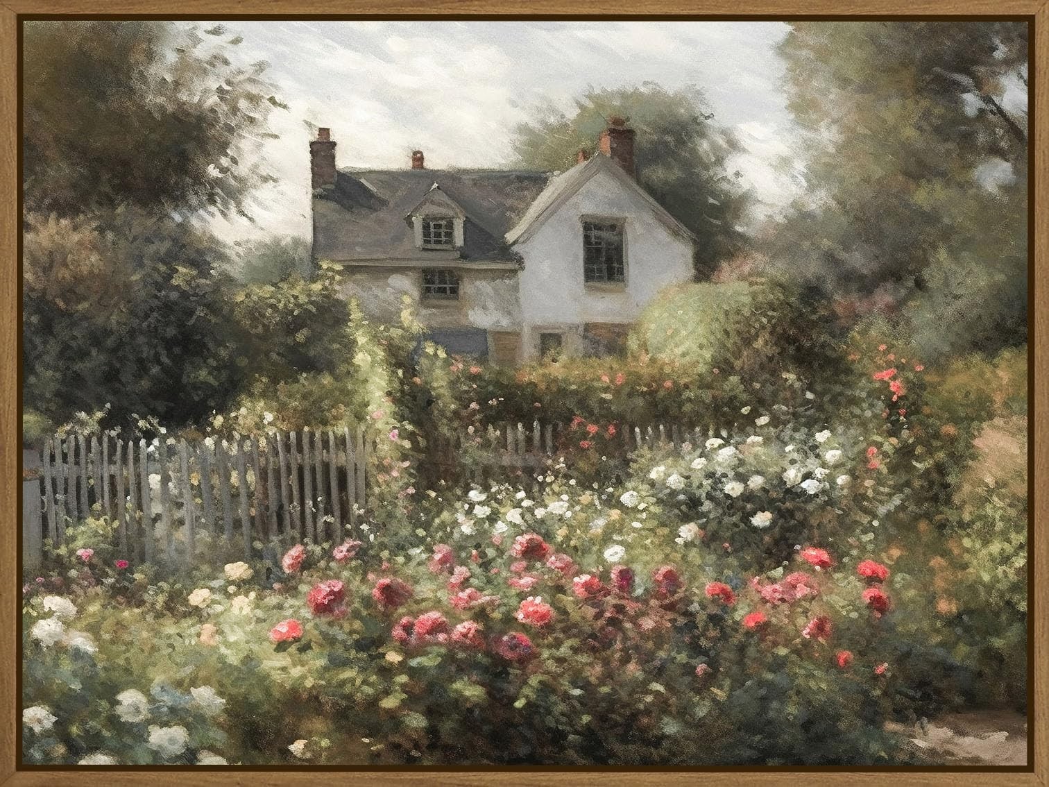 Vintage Rose Garden Wall Art Antique Cottage Canvas Oil Painting Nature Flowe…