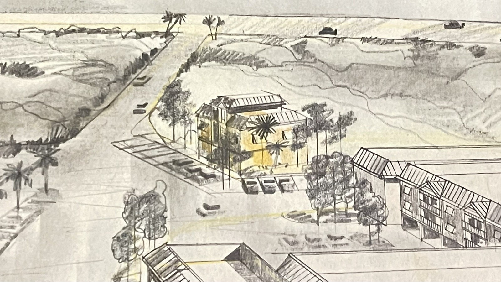 VTG 1960s Pen & Ink Colored Pencil Architectural Drawing MCM Clearwater FL COA