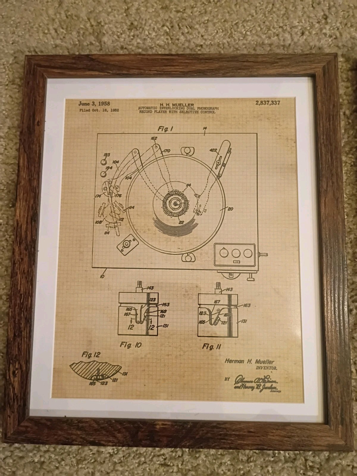 Set of 2 Framed Vintage Record Player Patent Print Wall Art- 10x12in