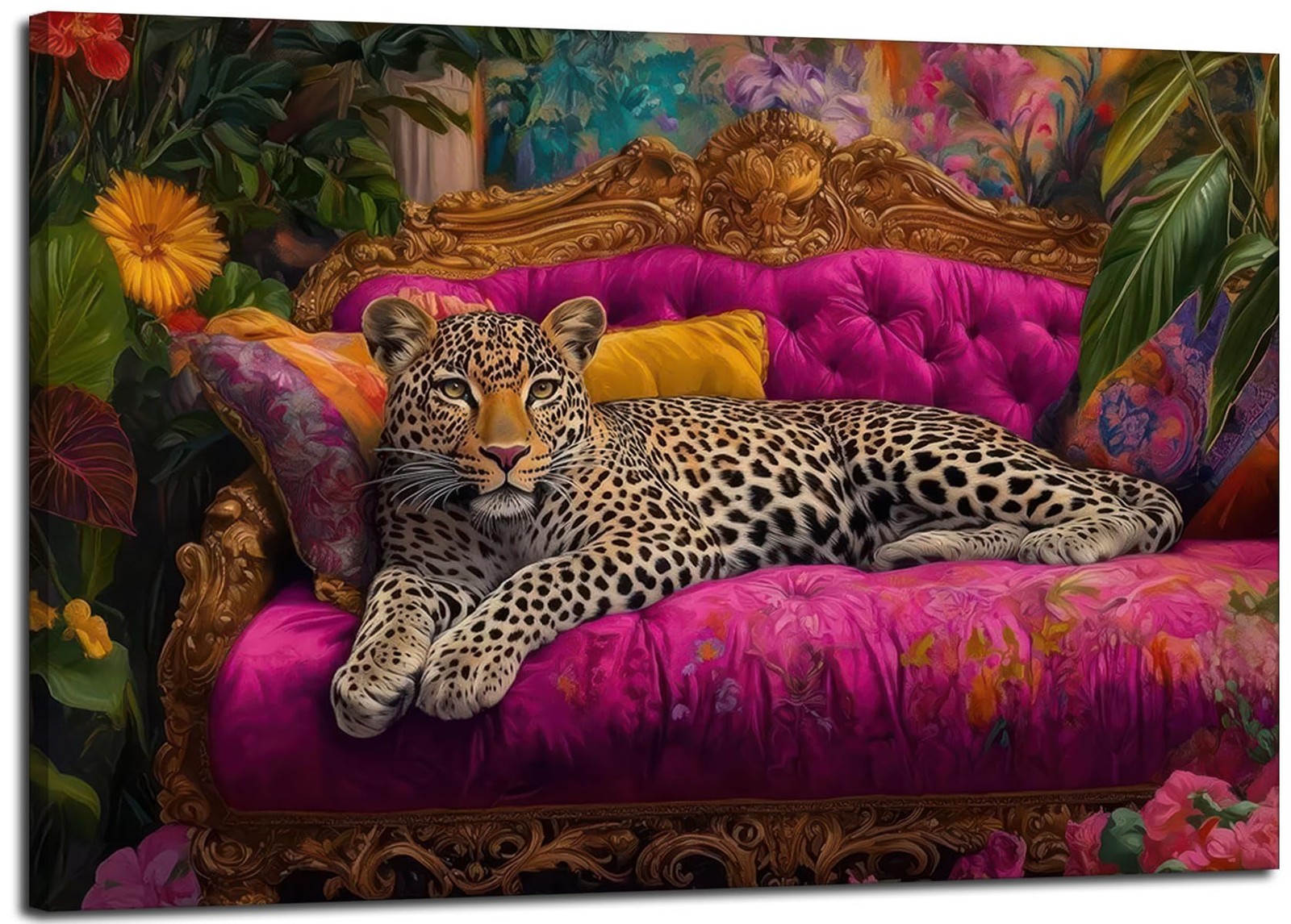 Cheetah Lying On Pink Sofa Canvas Wall Art Eclectic Leopard Wall Decor Pictur
