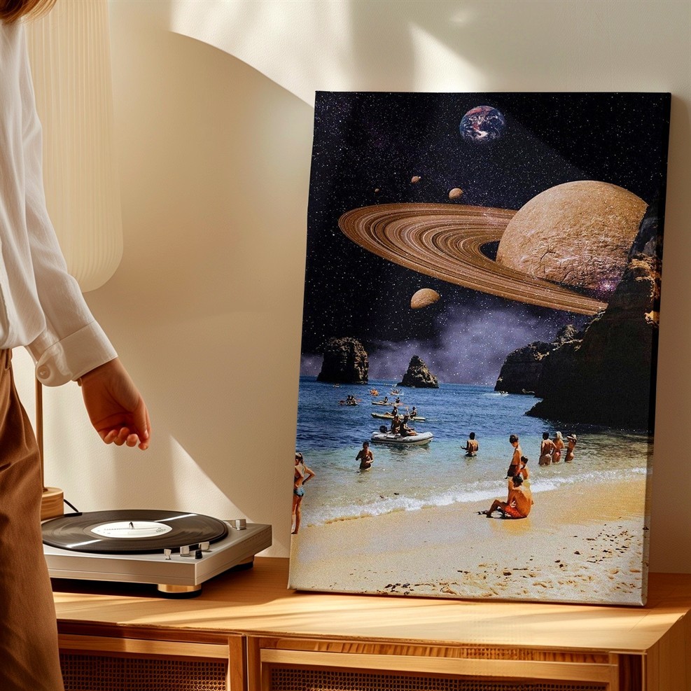 Wall Art Surreal Beach Ocean Space Planet Rings Collage Poster Print Home Decor