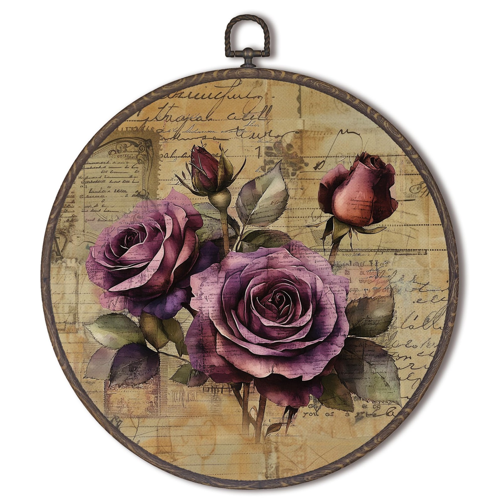 Vintage Rose Flower Round Framed Wall Art Decor, Rustic Purple Retro Earthy F…
