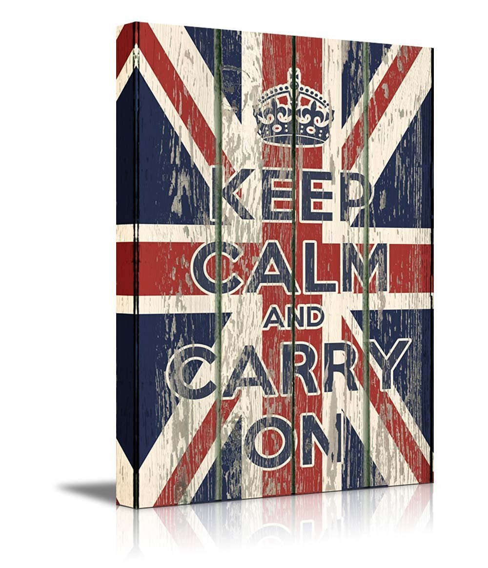 Canvas Prints – Keep Calm and Carry On Quote on Wood Board Style UK Flag – 18×12