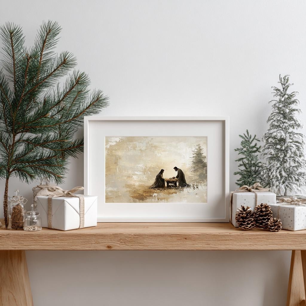 Nativity Mary Joseph Baby Jesus Canvas Art | Earthy Christmas Wall Decor