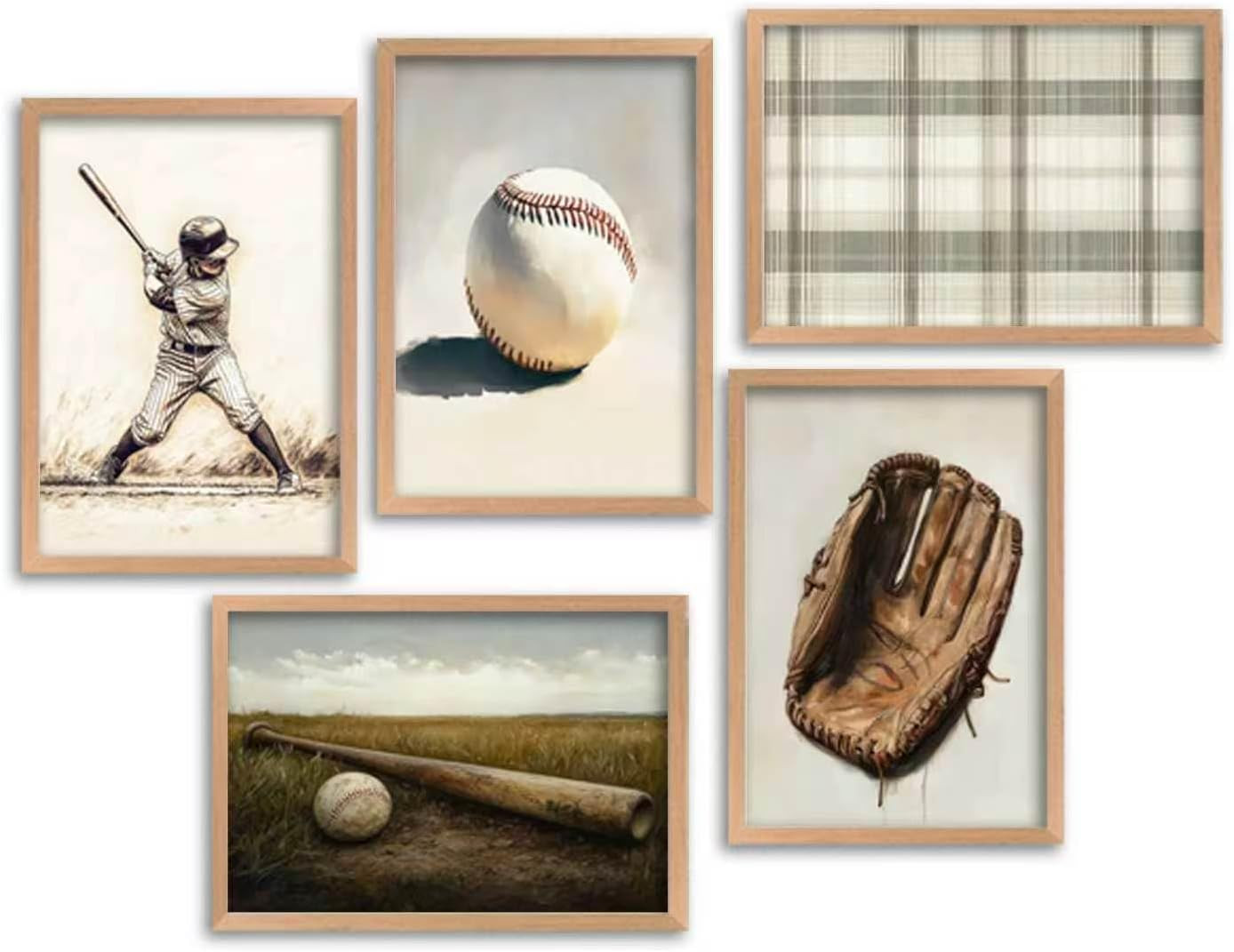Vintage Baseball Wall Art Set – 5 Framed Canvas Prints for Kids Room Decor
