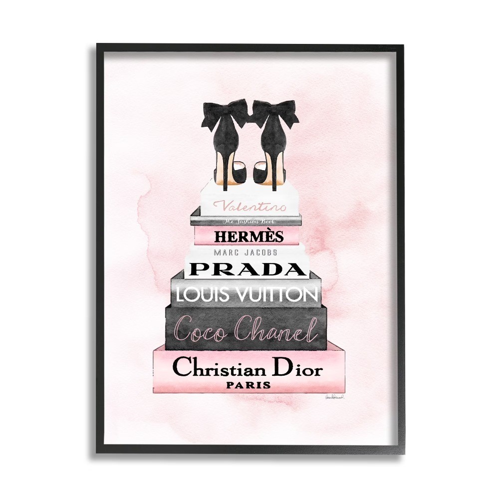Fashion Glam Framed Wall Art Pink Silver Black Heels Bookstack Design