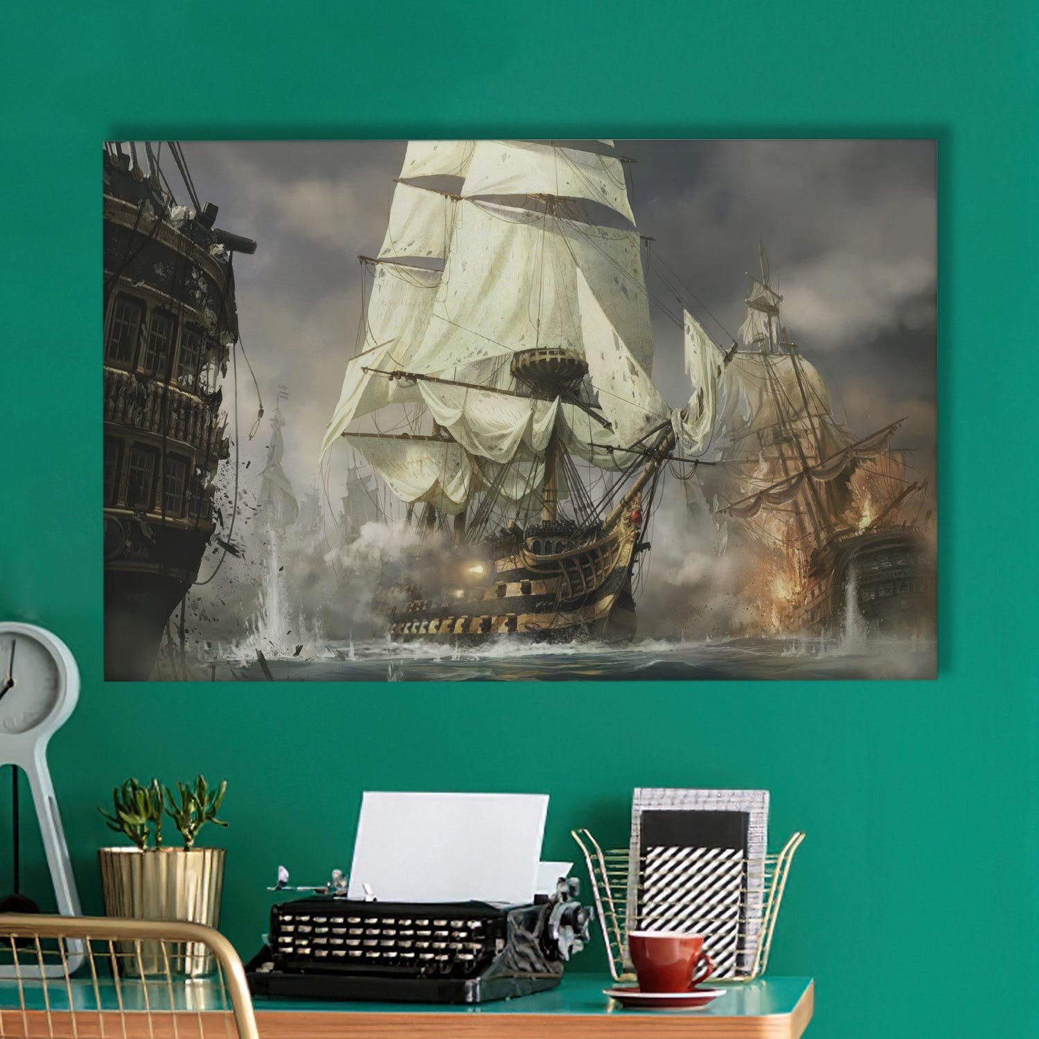 Epic Naval Battle Canvas Art – Dramatic Sailing Ships at Sea Wall Decor