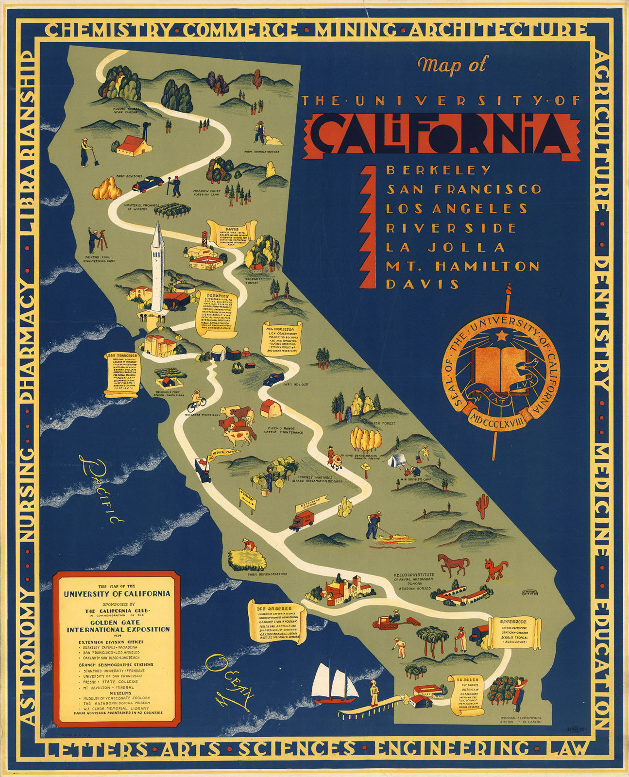 Early University Campuses of California Map Wall Poster Decor Vintage History