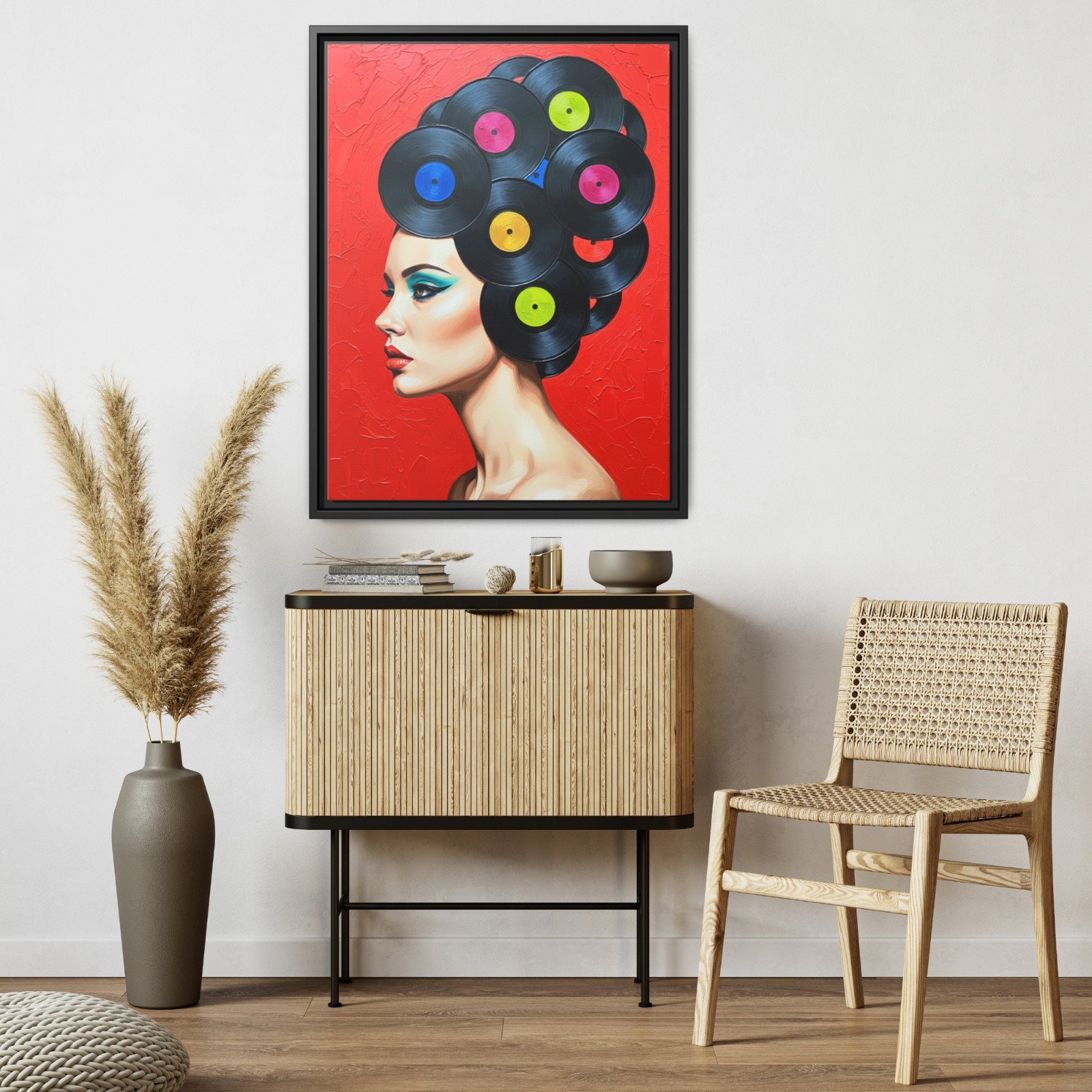 Surreal Vinyl Record Hair Art – 1960s Retro Woman Portrait – Modern Music Lover