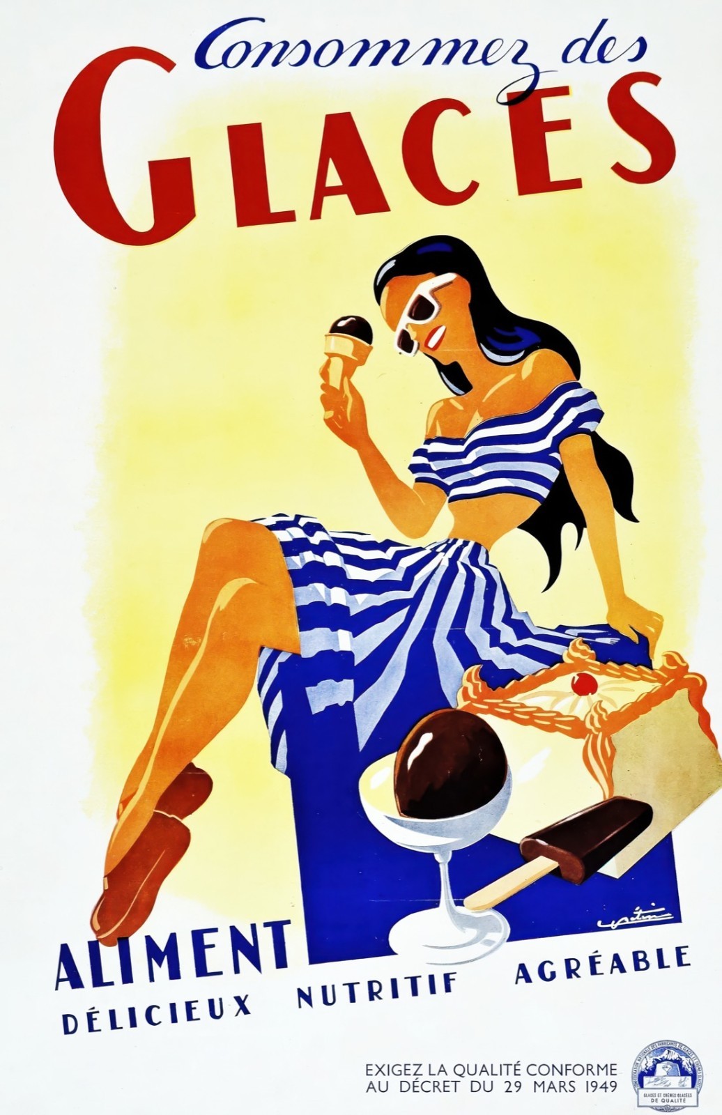 14150.Wall Decor Poster.Vintage Interior Art.French Ice Cream Glaces Ad Woman
