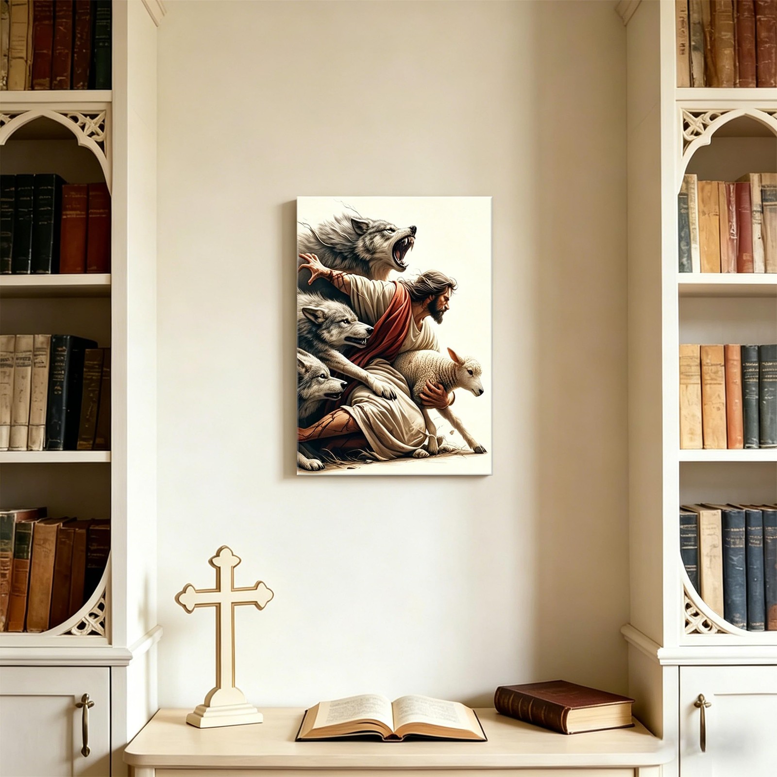 Framed Jesus and Lamb Canvas Wall Art – Jesus Saves the Lost Sheep Christian …