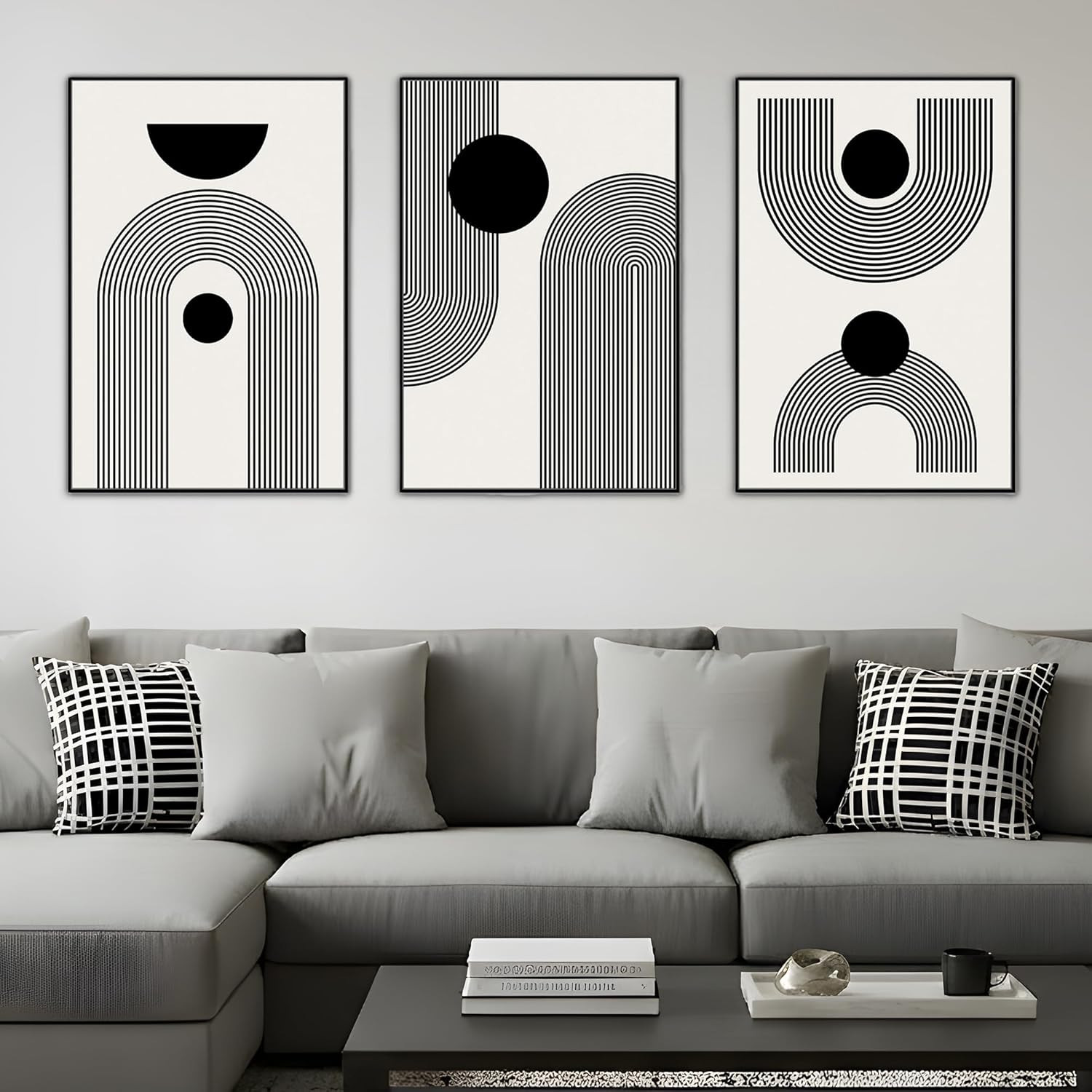 Boho Black and White Abstract Wall Art Set of 3 – Ready to Hang 24×36 Inches