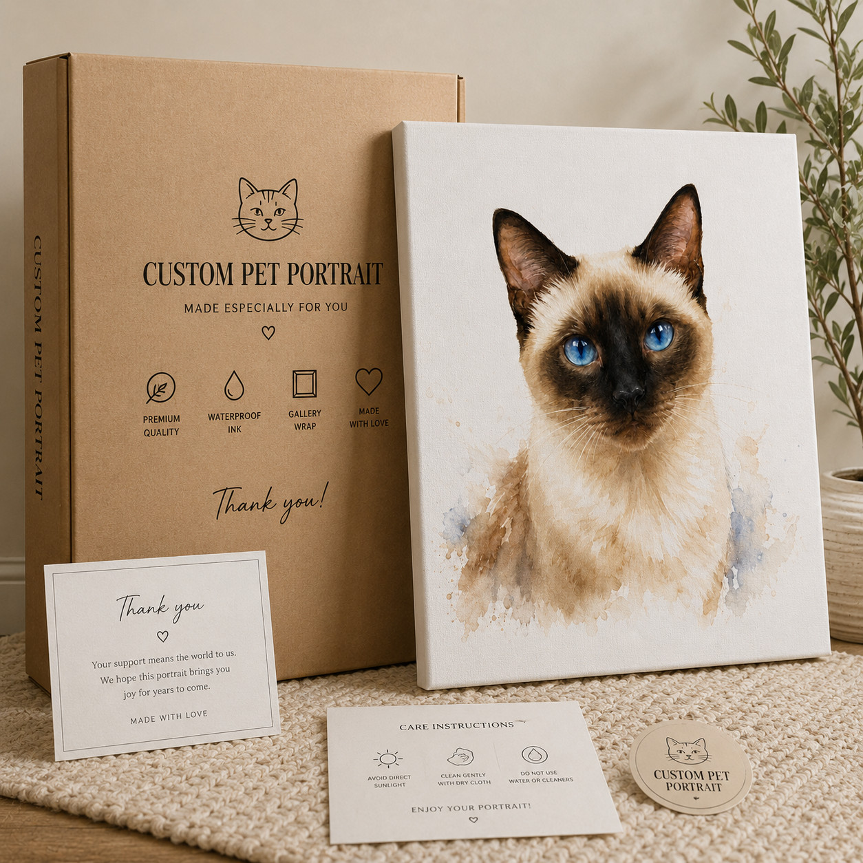 Custom Personalized Siamese Cat Watercolor Canvas Wall Art Elegant Pet Portrait