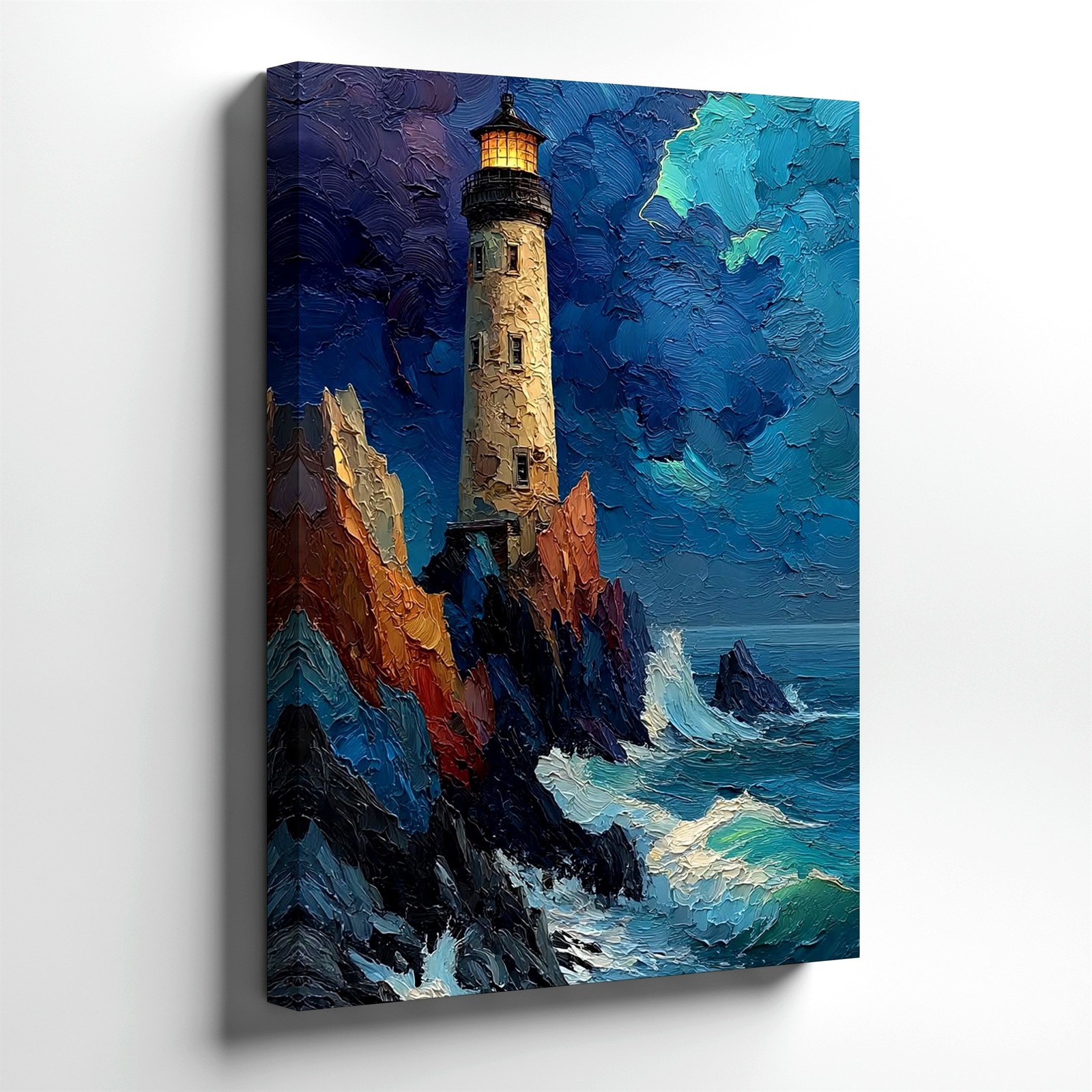 Wall Art Lighthouse Ocean Seascape Canvas Print Coastal Waves Rocky Shore Decor