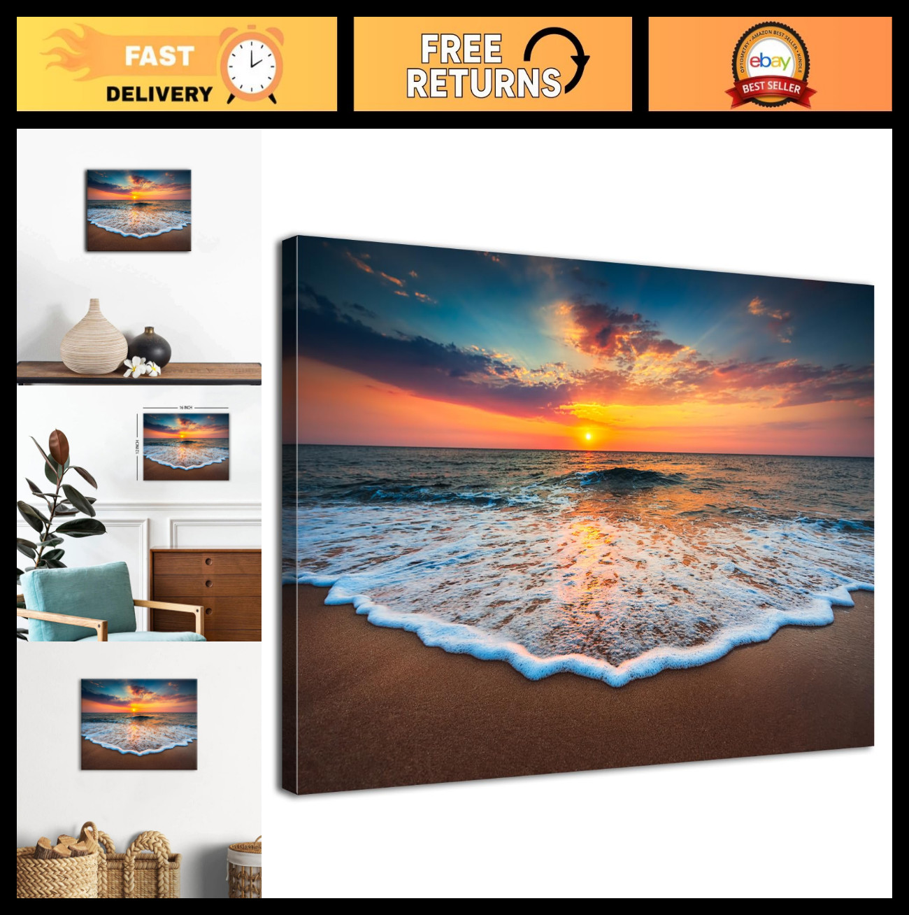 Coastal Beach Wall Art – Ocean Wave Canvas Prints, Sunset Seascape Decor 12×16