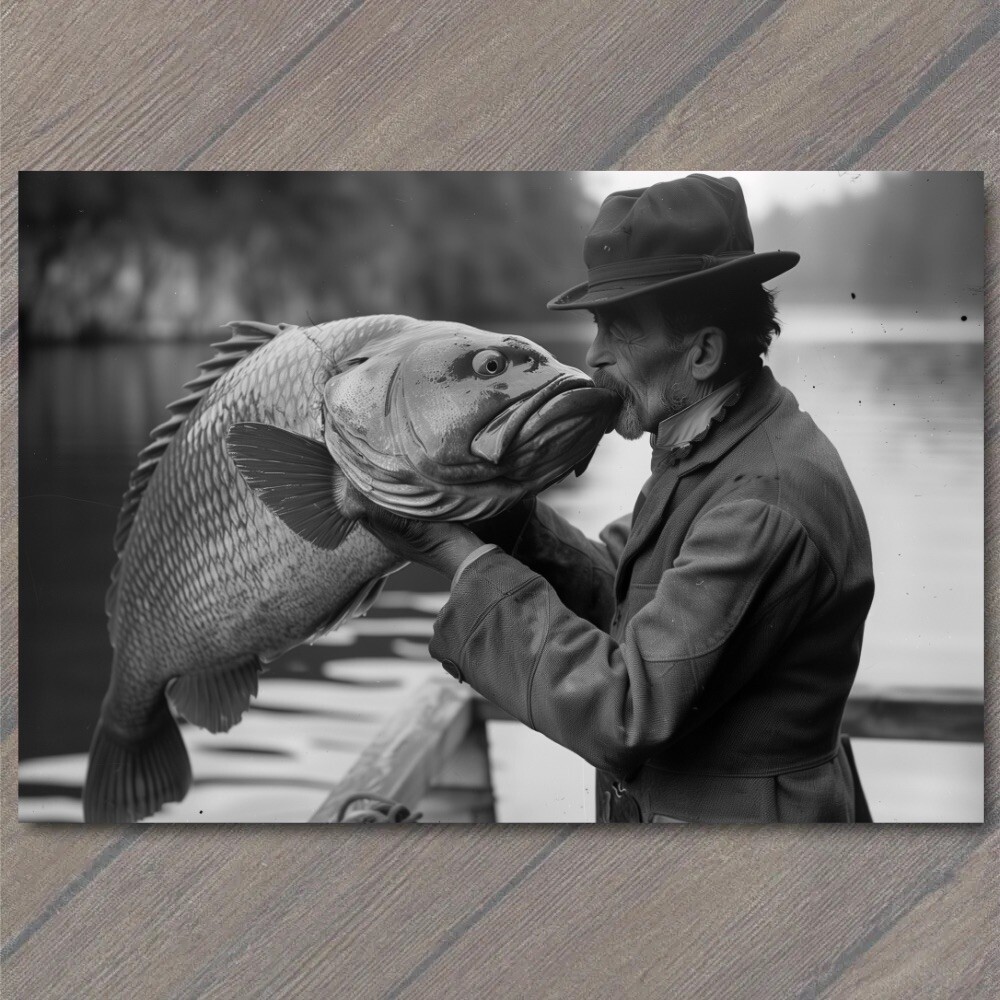 Art Print Fish Man Kiss Old School Vibe Weird Strange Funny Fishing Big Lunker