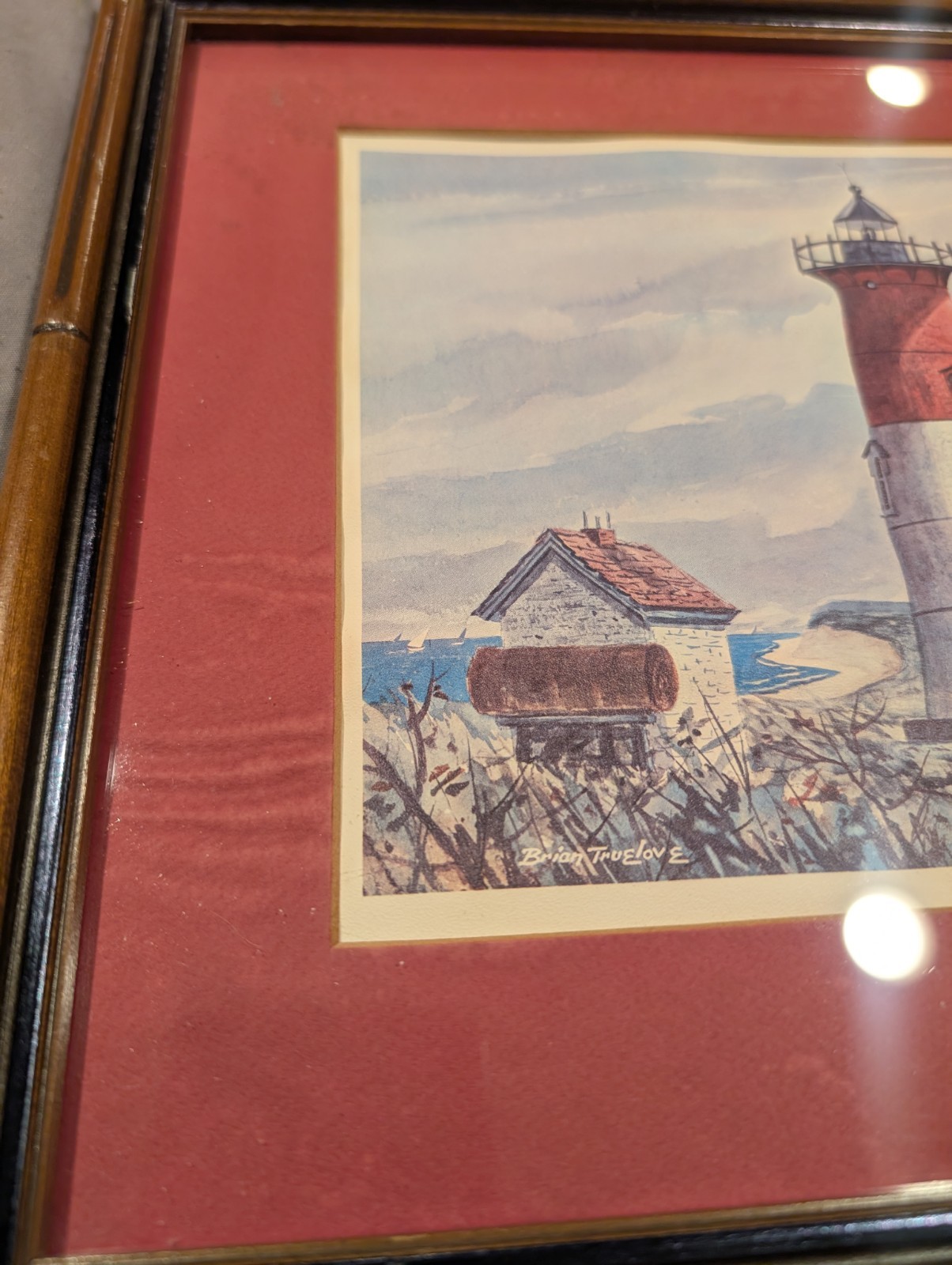 Vtg Nauset Light Cape Cod Brian Truelove Glass Wood Framed Picture 12 1/2 X 11