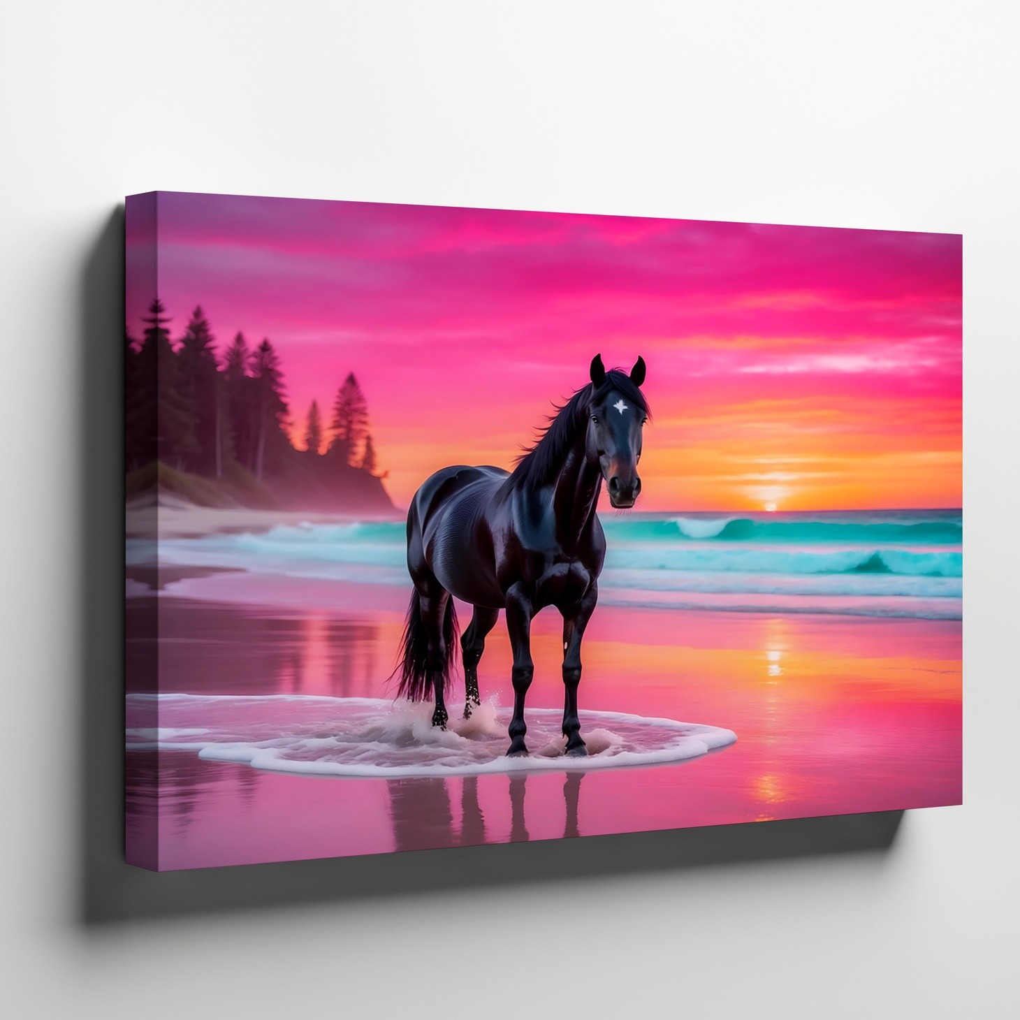 Black horse standing on ocean shore at colorful pink sunset canvas wall art
