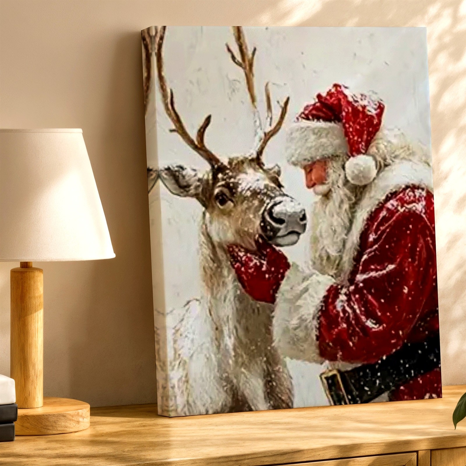 Wall Art Santa Claus With Reindeer Christmas Winter Snow Rustic Holiday Decor