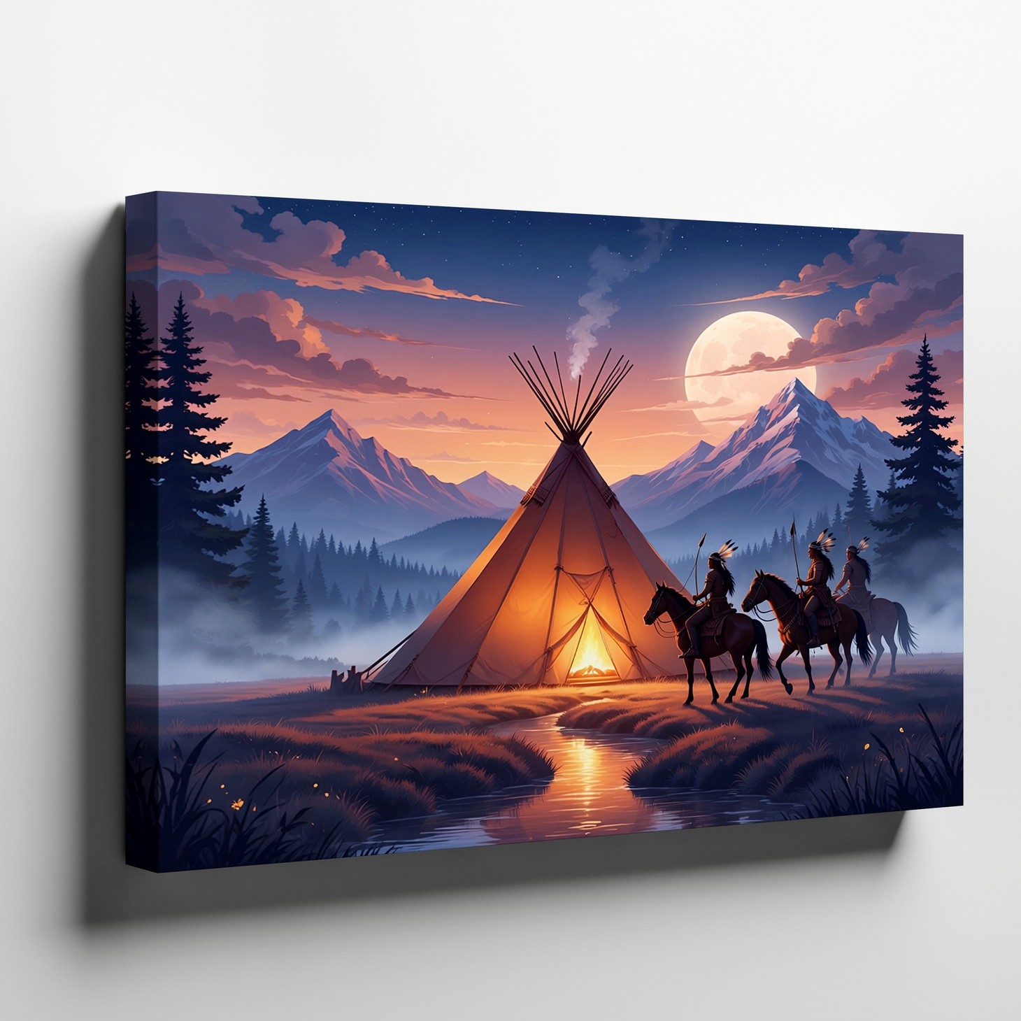 Native American Teepee Canvas Wall Art with Horseback Riders and Sunset Decor