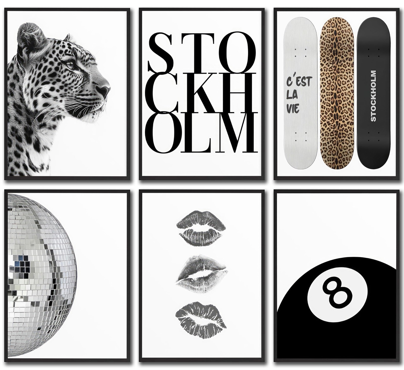 Set of 6 Stockholm Style Room Wall Art Black White Trendy Cheetah Canvas Post…