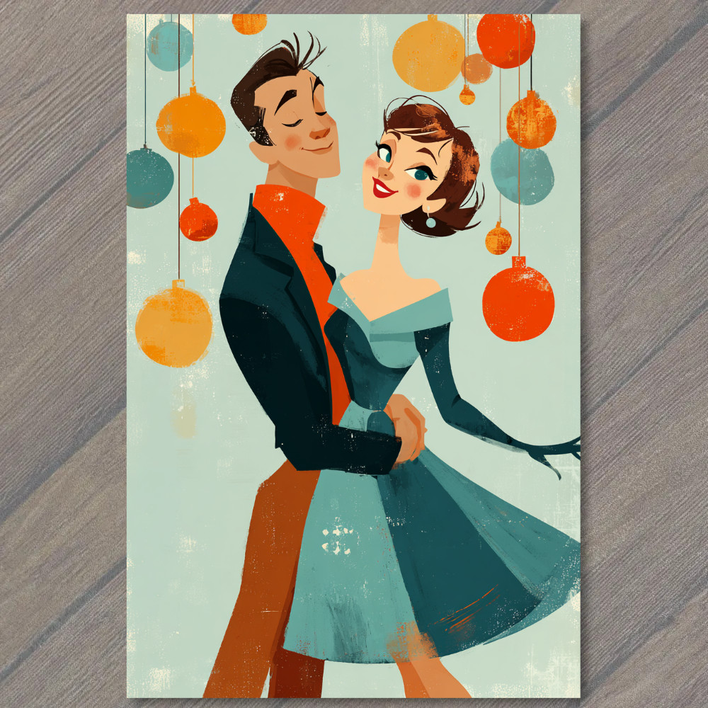 Art Print Retro Couple Dancing Blue Dress Orange Accents Midcentury Christmas
