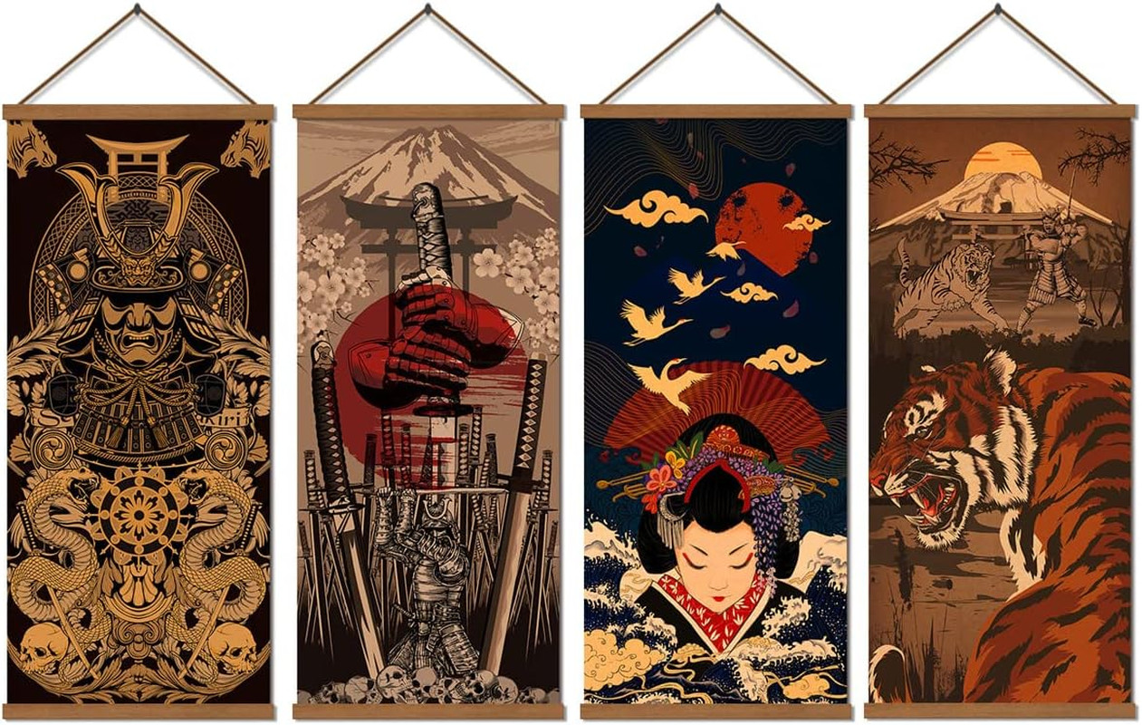 4 Piece 16x35in Japanese Art Print Set on Archival Canvas with Oak Frame