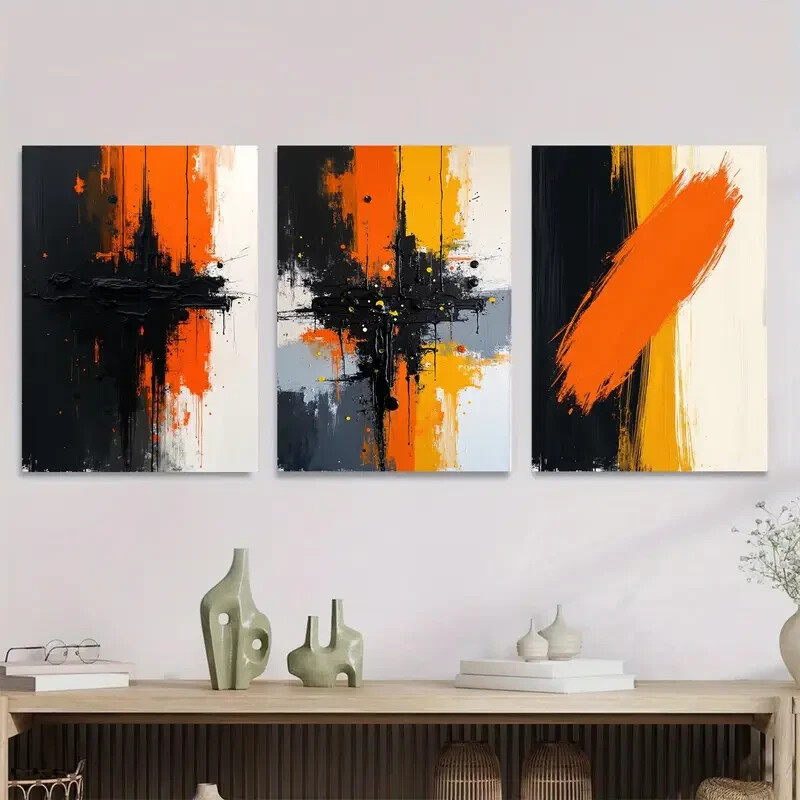 3pcs ibrant Orange & Black White & Gray Accents Metal Print Ready to Hang Art