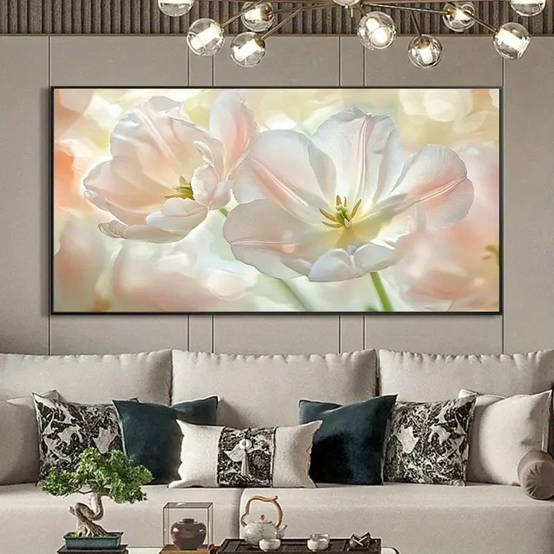 Transparent Pink And White Flower Design Unframed Canvas Painting for Living