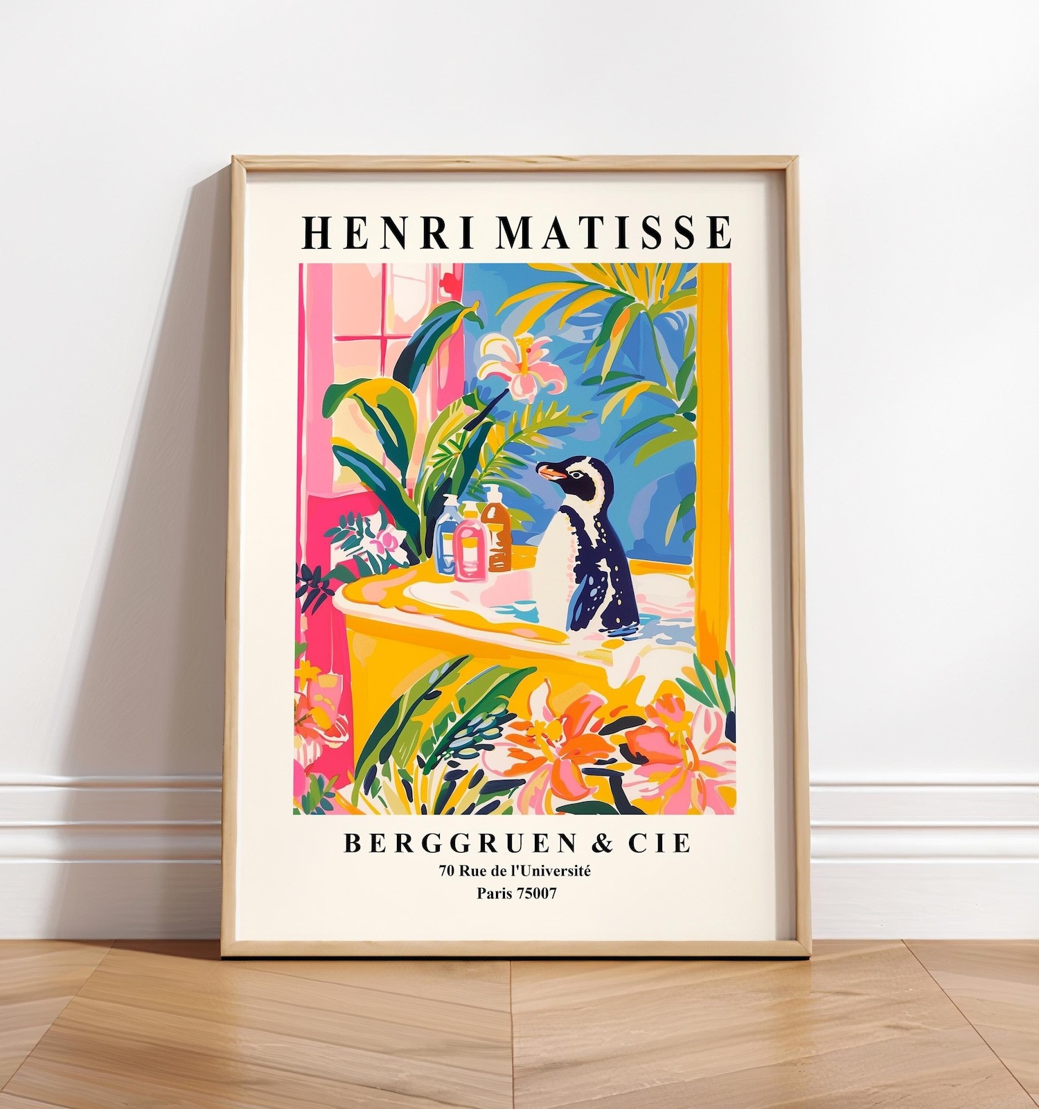 Penguin Bathtub Art Print, Matisse Style Tropical Bathroom Wall Decor Poster