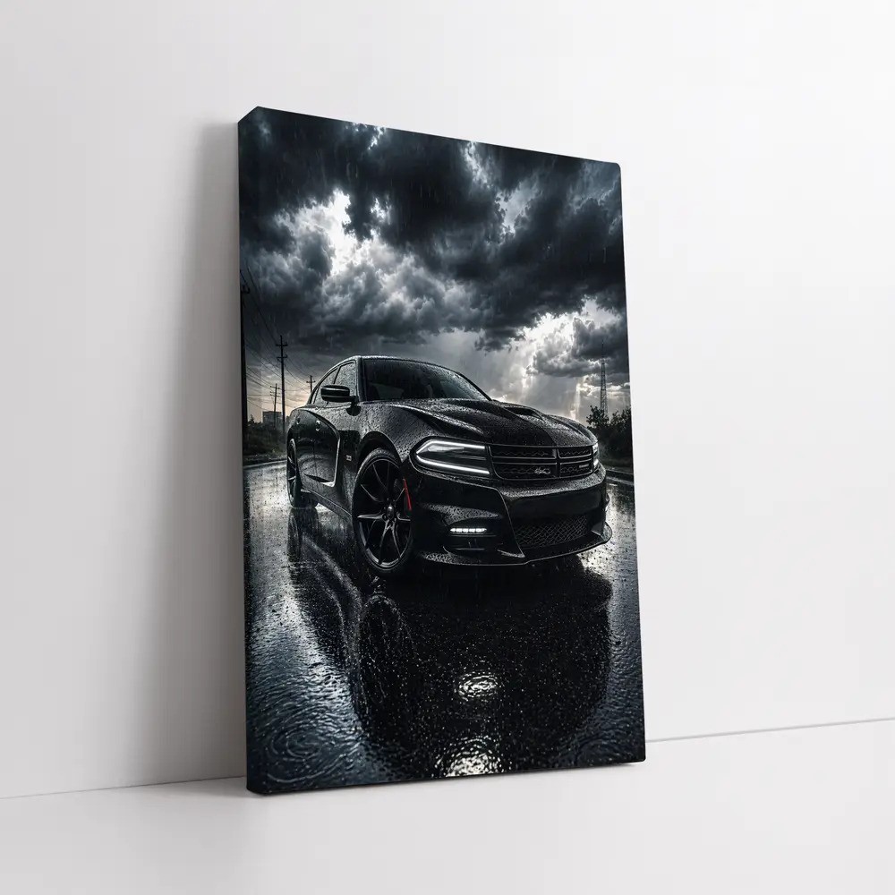 Poster Dodge Charger Black Muscle Car Rain Canvas Framed Wall Art Print Painting