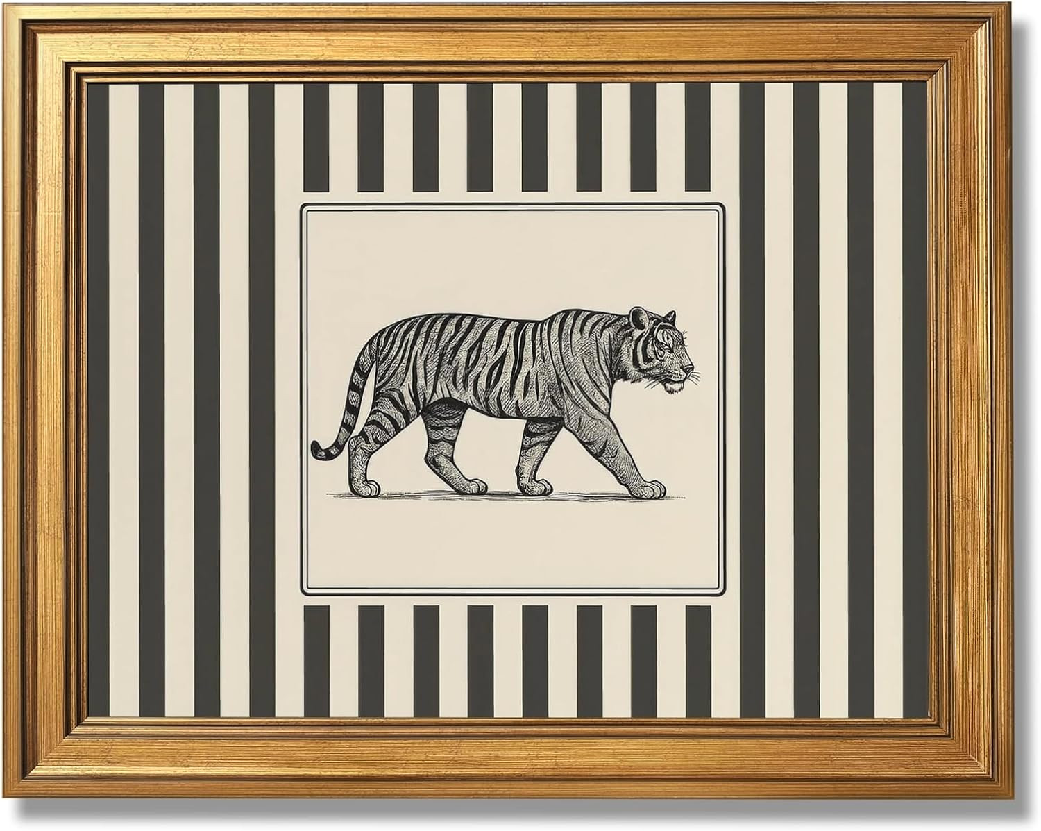 Gold Framed Vintage Tiger Wall Art Black and White Striped Wild Animal Poster Re