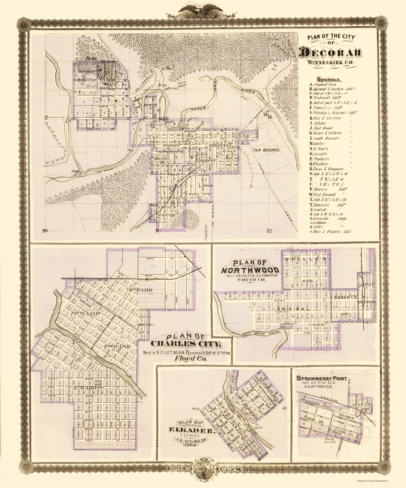 Historic City Map – Decorah Northwood Charles City Iowa – Andreas 1874 –