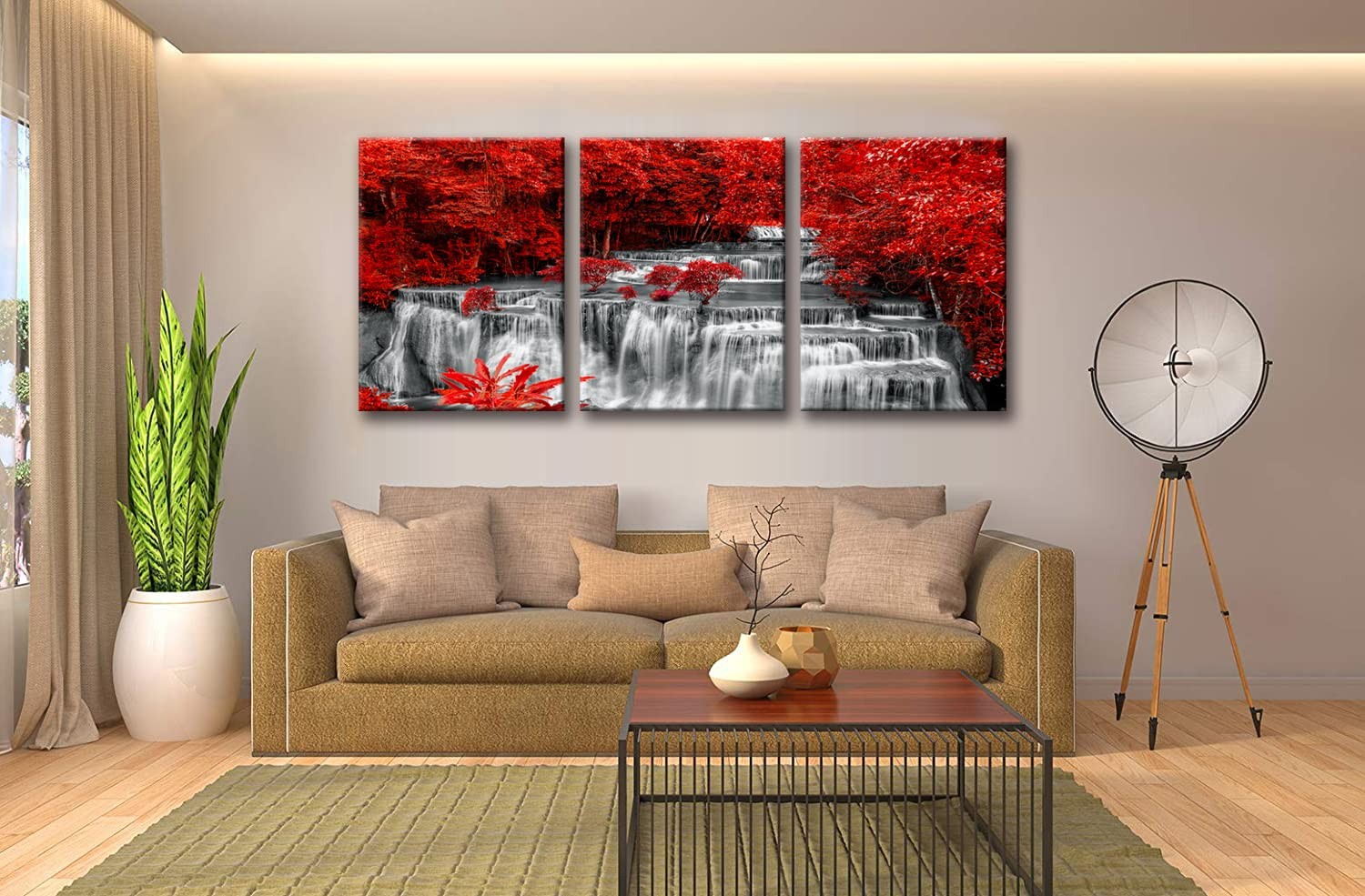 Black White and Red Waterfall Canvas Wall Art Trees Forest Painting Landscape…