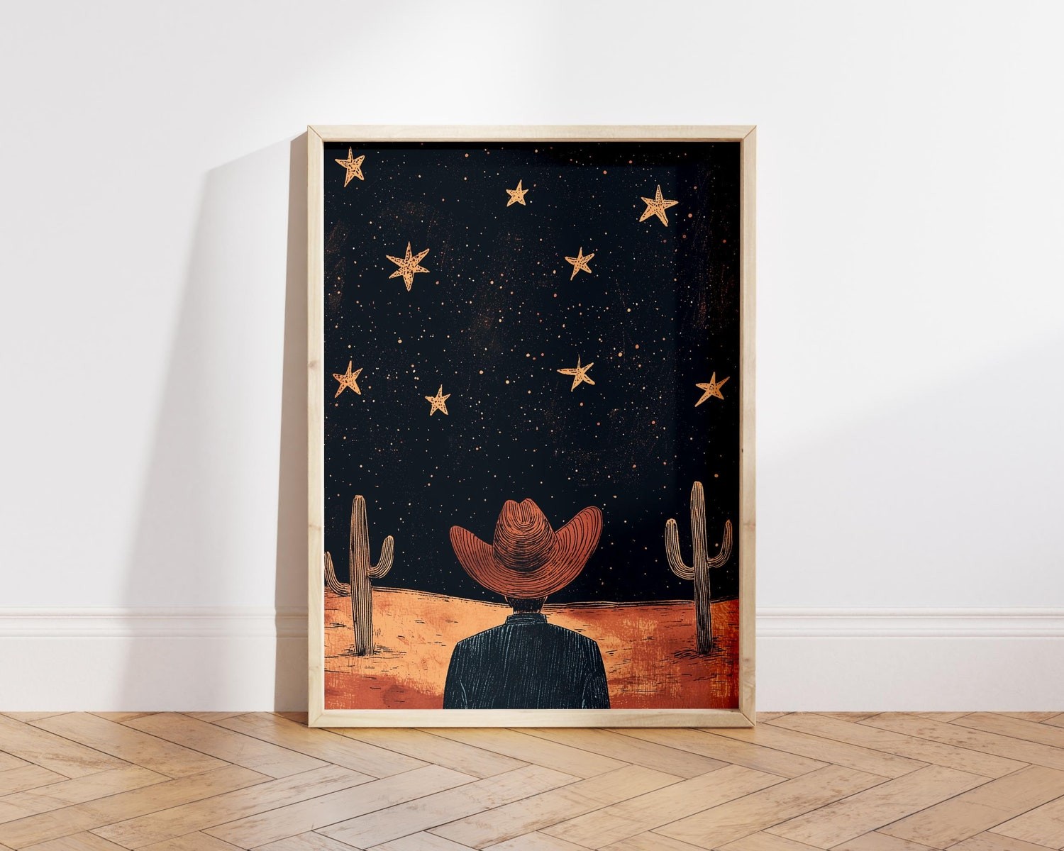Cowboy Stargazing Poster, Vintage Retro Western Night Sky Wall Art
