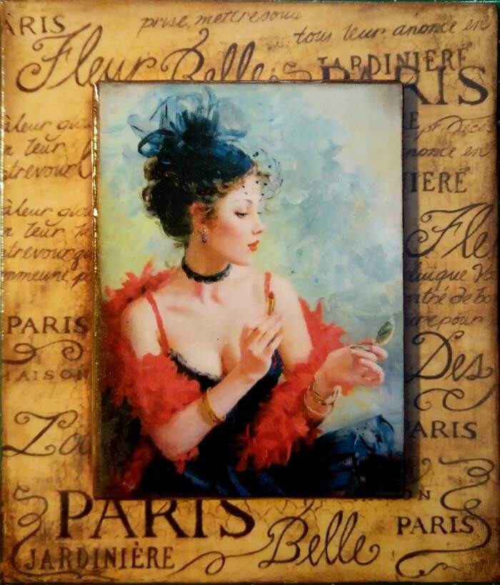 Mysterious Woman. Lady in a red boa. Decoupage picture vintage 15