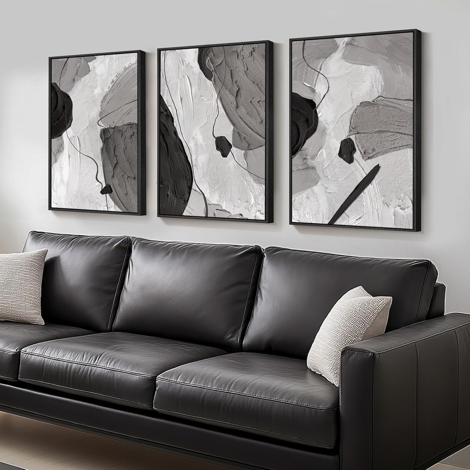 Large Framed Black and White Gray Abstract Wall Art, Set of 3 Piece Modern Ca…