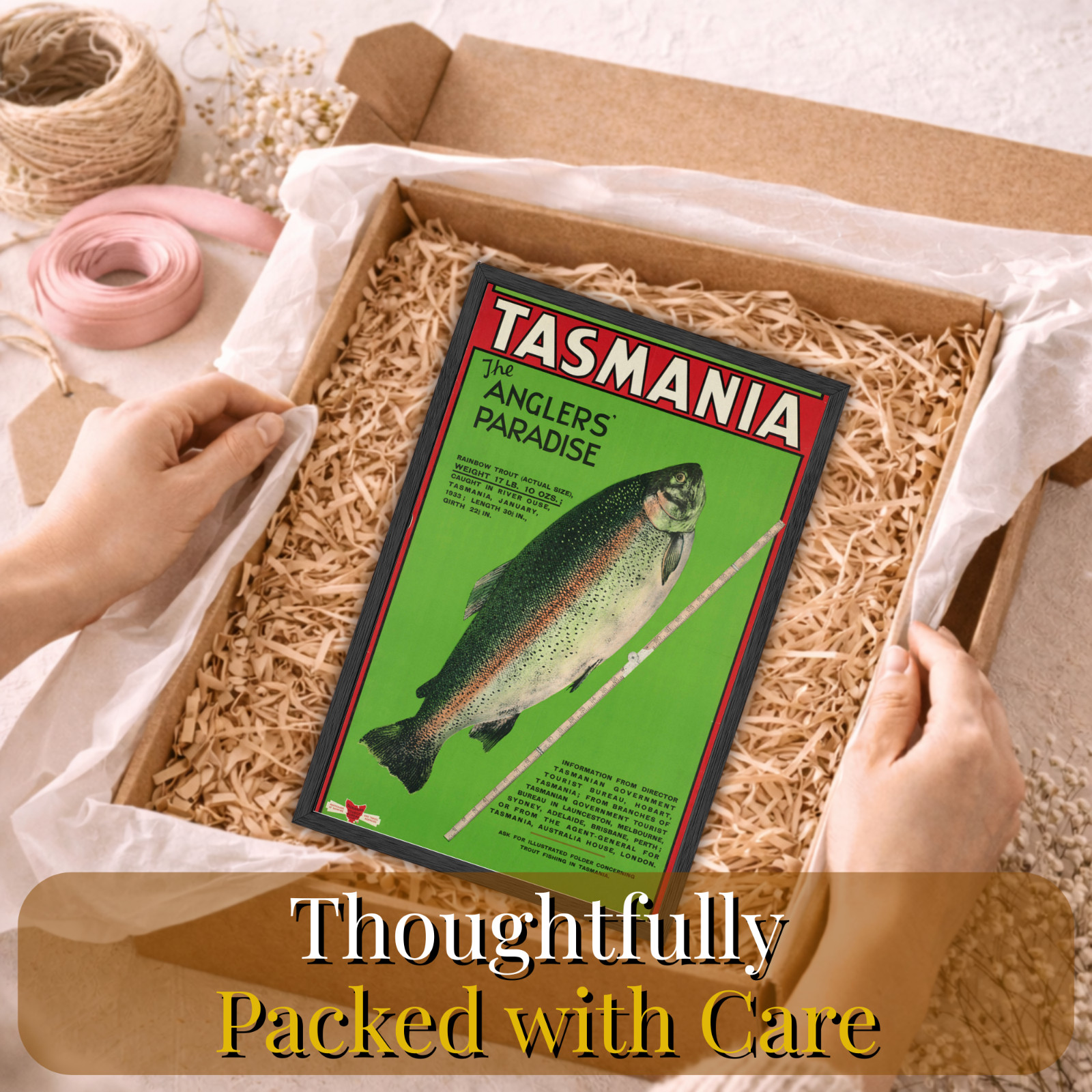 Vintage Tasmania Fishing Poster Framed 11×17 Anglers Paradise Wall Art Gift