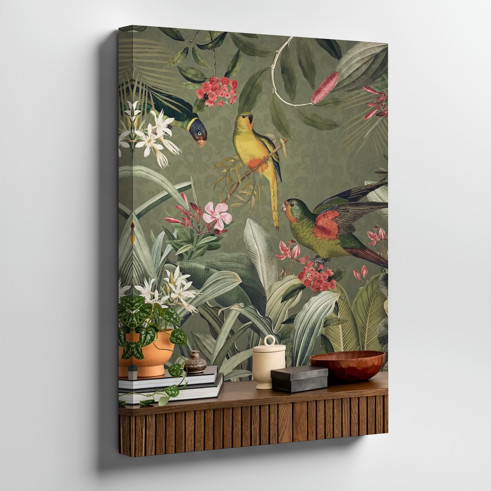 Tropical Birds Canvas Wall Art With Exotic Green Foliage And Pink Flowers Print