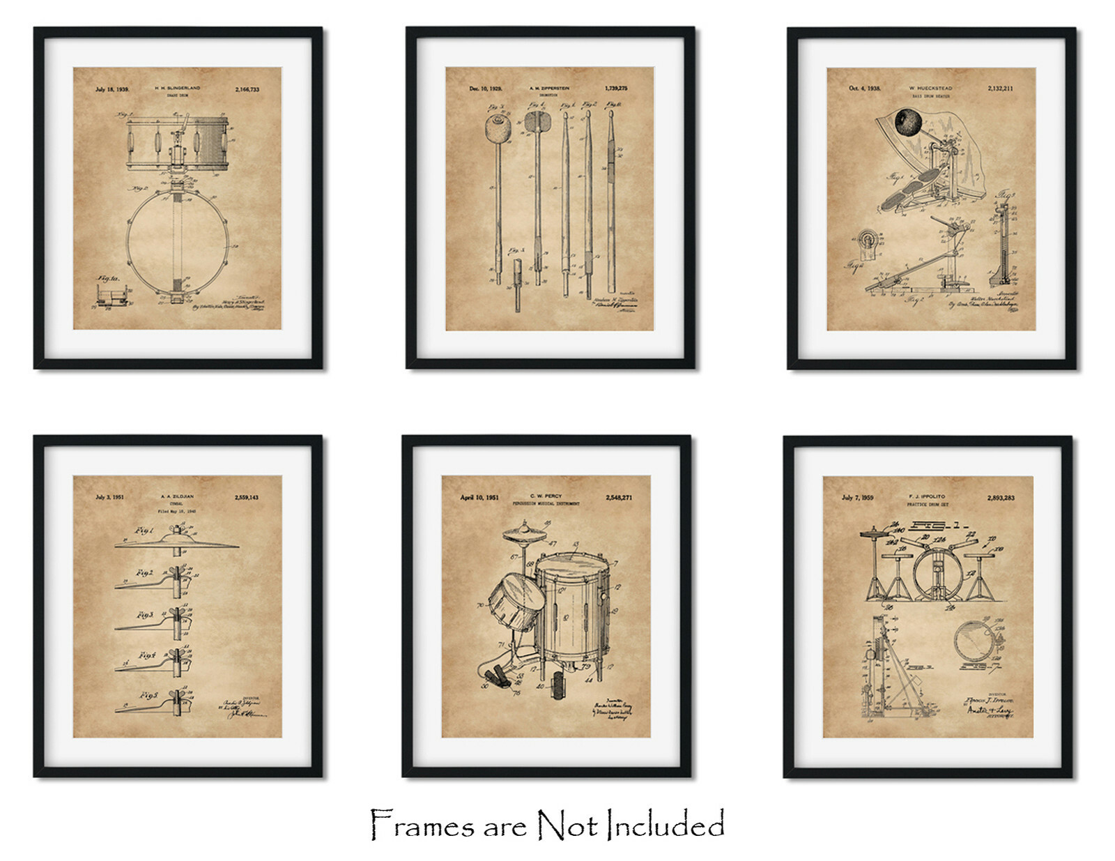Set of 6 Drum Patent Prints (8×10) Wall Art Drummer Gifts Room Decor Music Snare