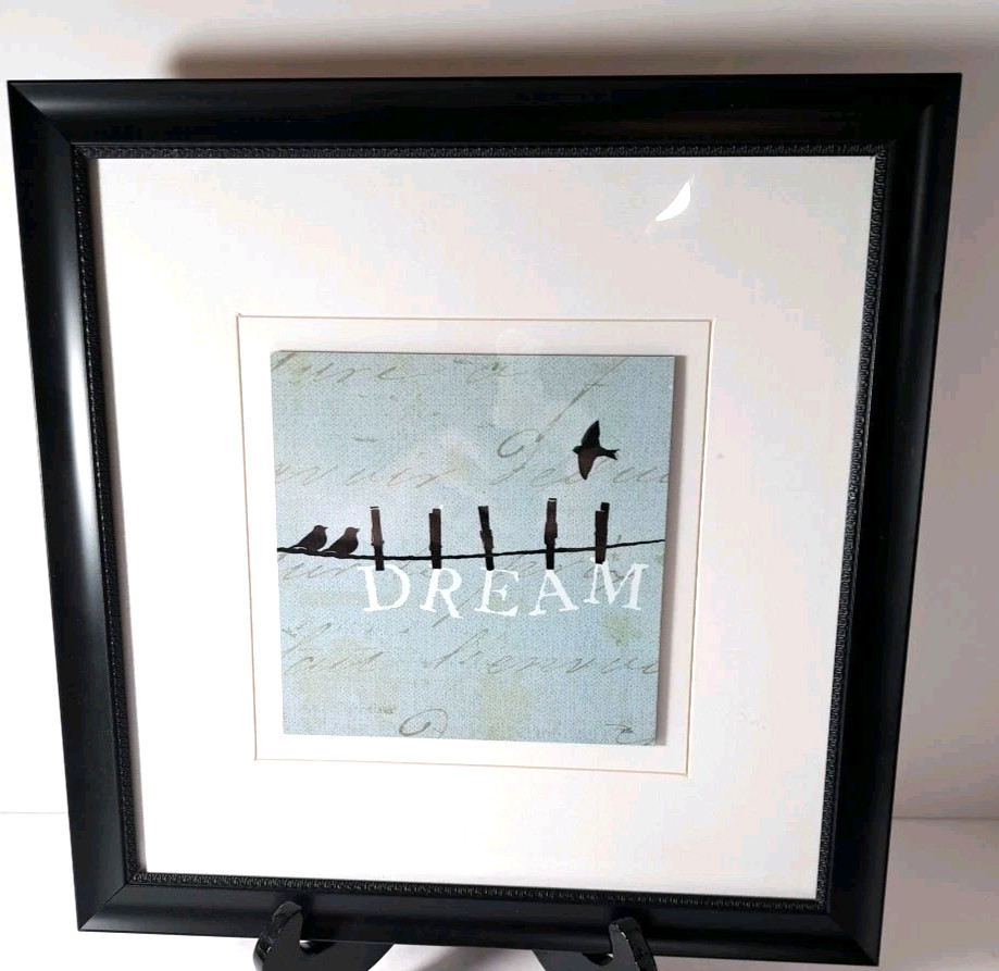 Dream Birds on a Wire Framed Wall Art 12 x 12 Blue Script Background Black Frame