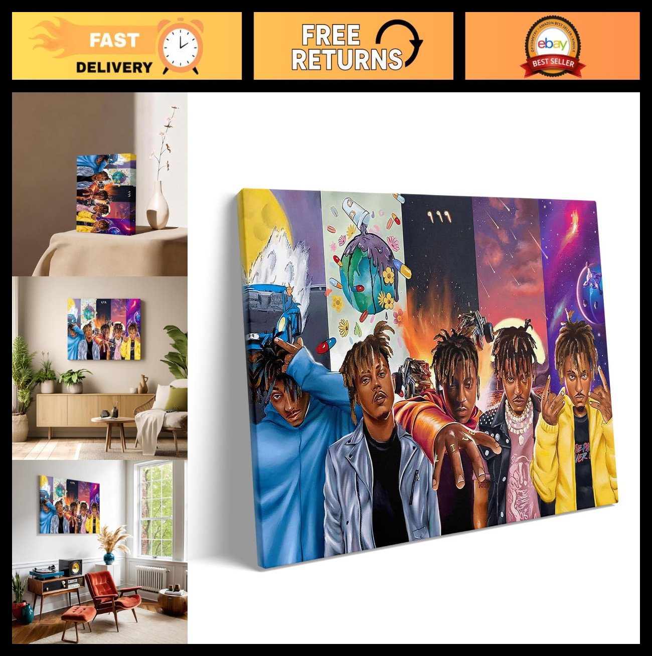 Rapper Canvas Wall Art – Hip Hop Collage Poster Print for Bedroom, Studio & Gami