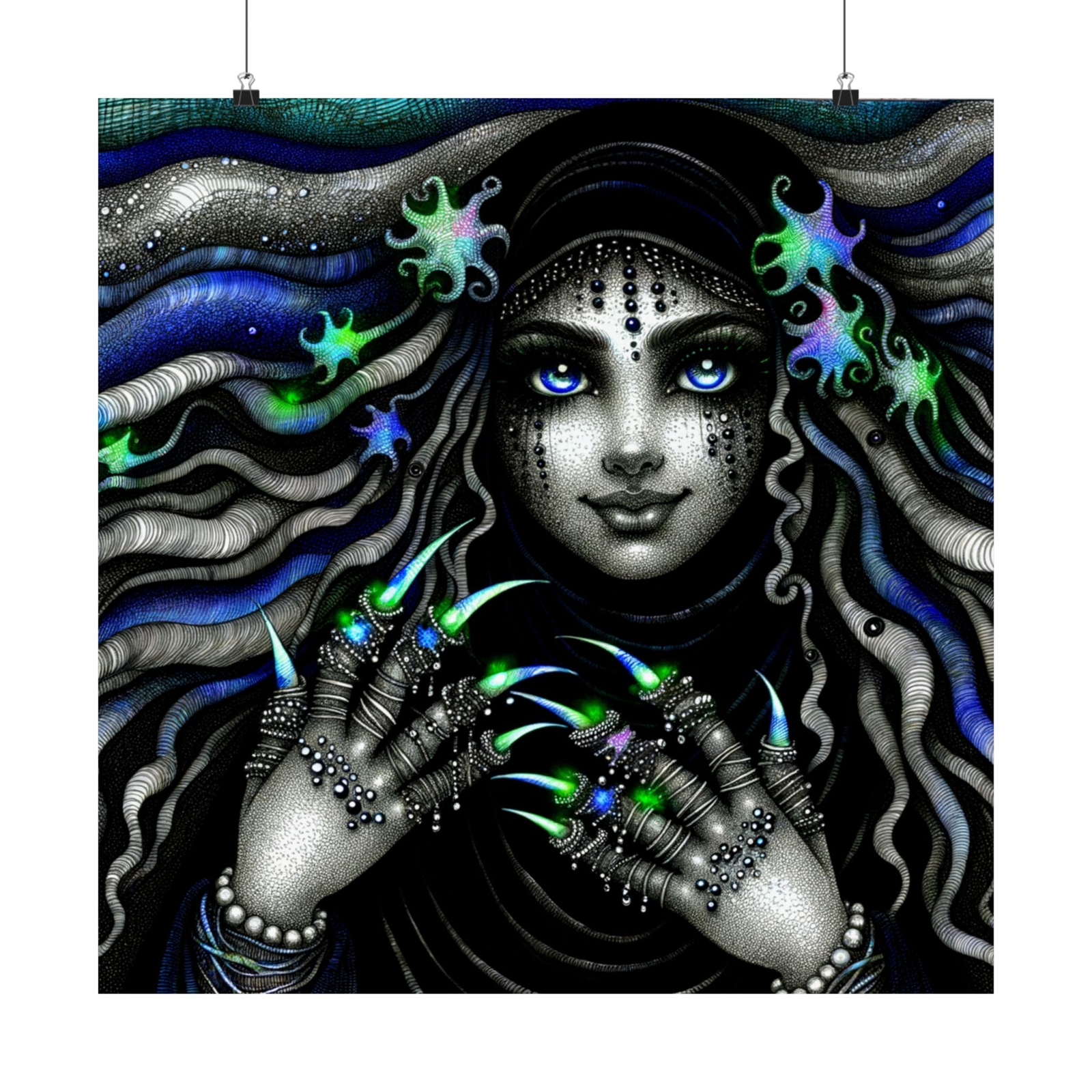 Matte Square Poster Wall Art Shadowy Siren Ink Art Dark Palette Gypsy Decor