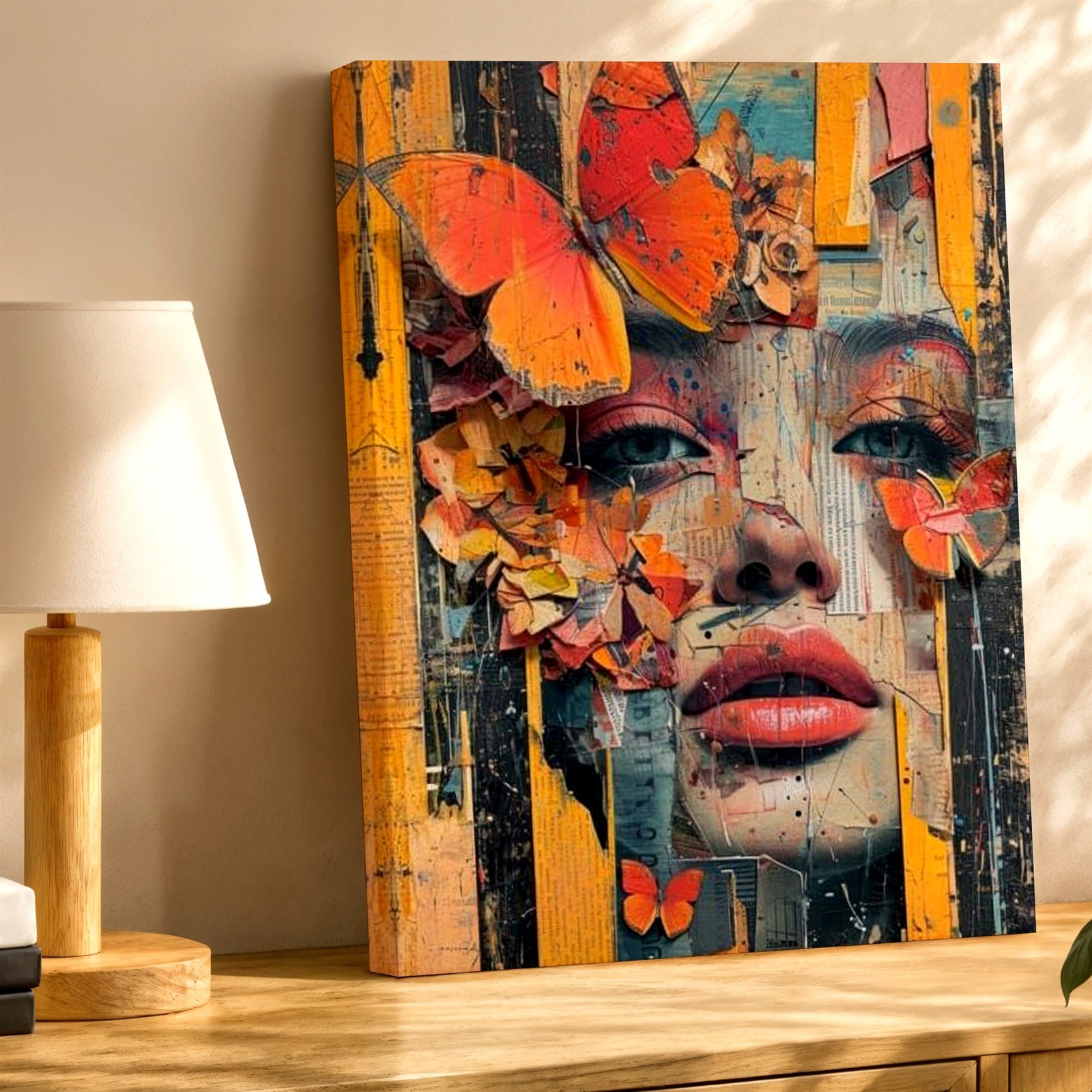Wall Art Abstract Woman Face Butterfly Collage Canvas Print Modern Portrait Deco