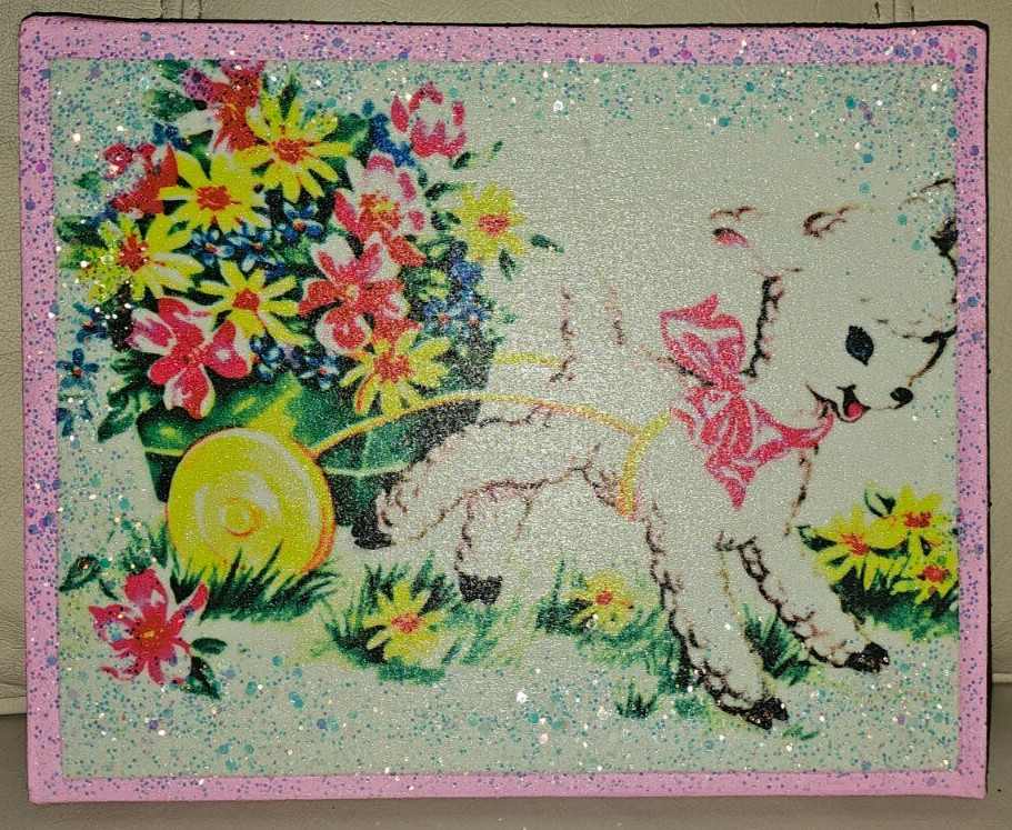 Retro Kitschy Cute Easter Lamb Spring Pink Sparkles Canvas Print 8″ x 10″