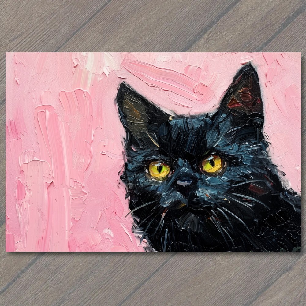 Art Print Black Cat Yellow Eyes Pink Pet Background Painting Cute Fun Feline