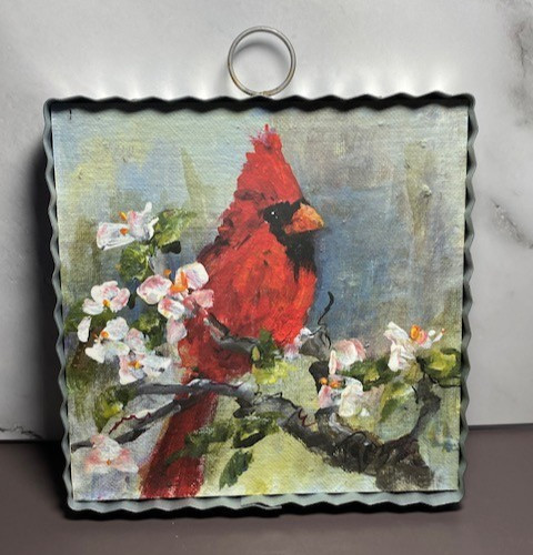 Cardinal Bird Signed Picture with Metal Crimped Frame Round Top Collection 5×6