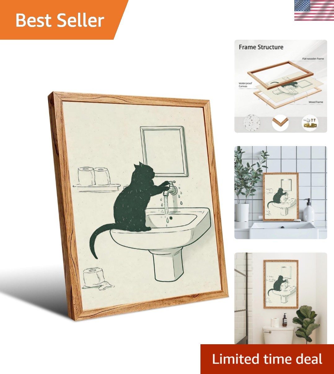 Durable Framed Cat Wall Art – Fun Minimalist Bathroom Poster, 10×8 inch