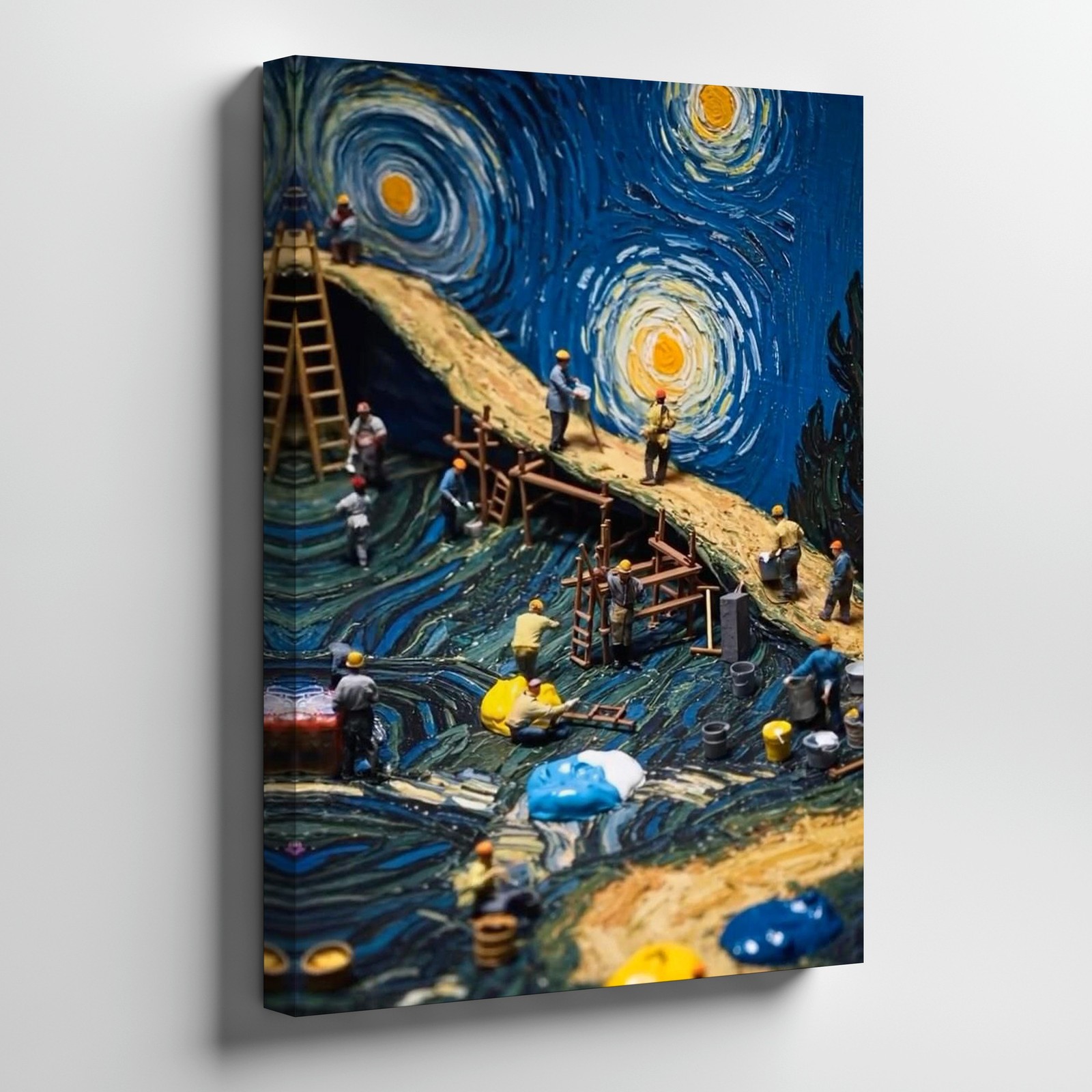 Miniature Workers On A Bridge In Swirling Night Sky Scene Canvas Wall Art Print