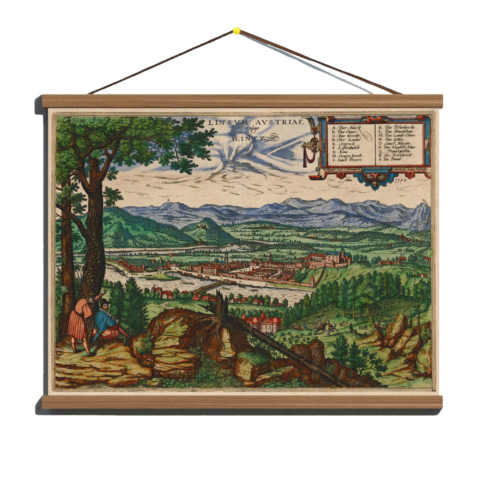 Ancient 1594 Map Decorative Early View of Lintz; Canvas, Magnetic Wooden Hanger